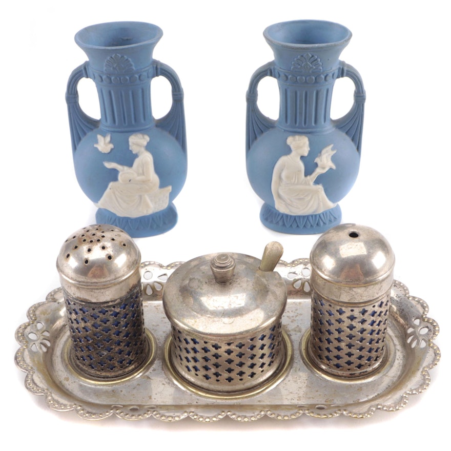 Celtic Quality Silver Plate Condiment Set with Ceramic Bud Vases