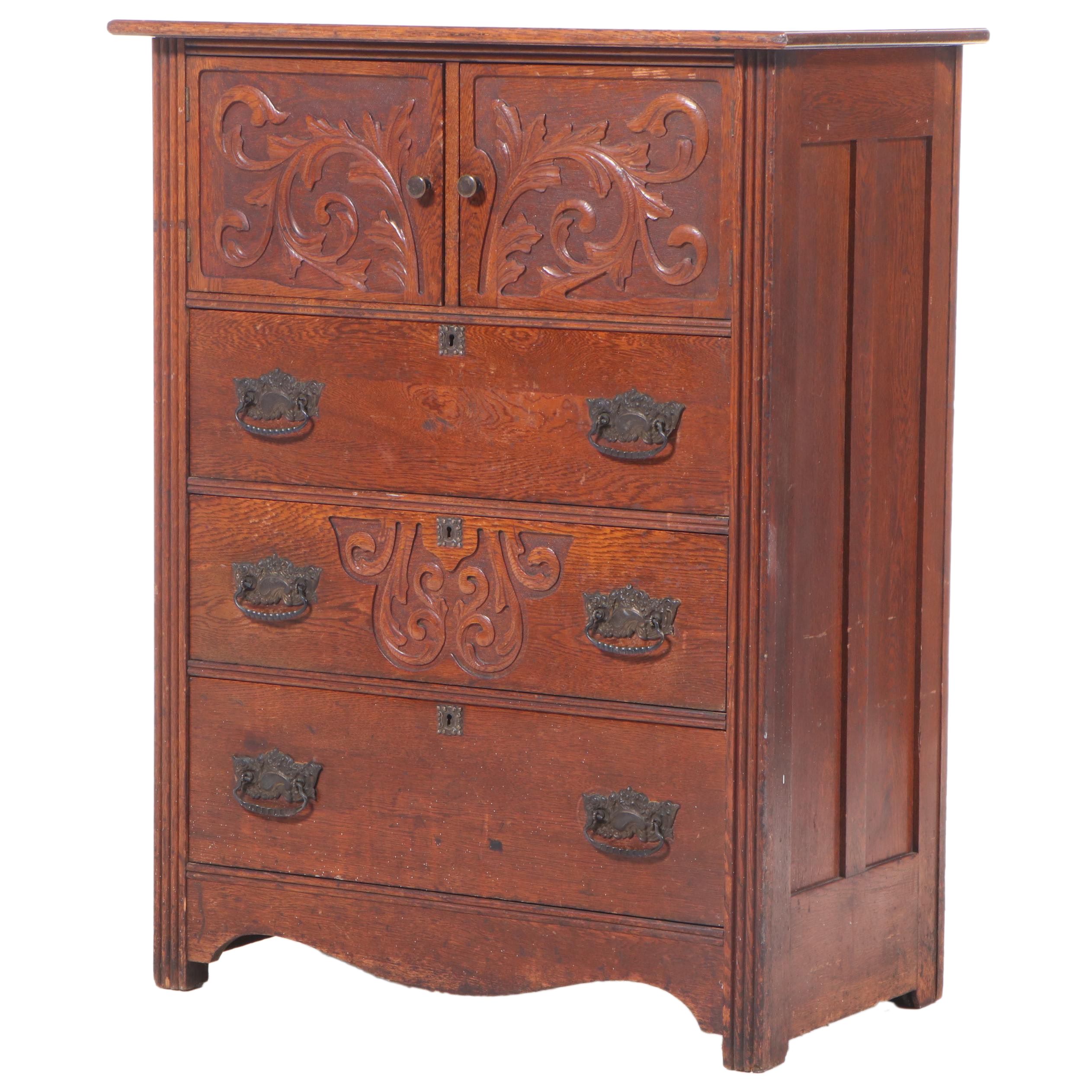 Victorian Carved Oak Chest with Bonnet Cabinet, Late 19th Century