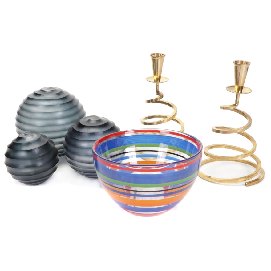 Kosta Boda Multicolor Glass Bowl with Glass Orbs and Brass Candlesticks