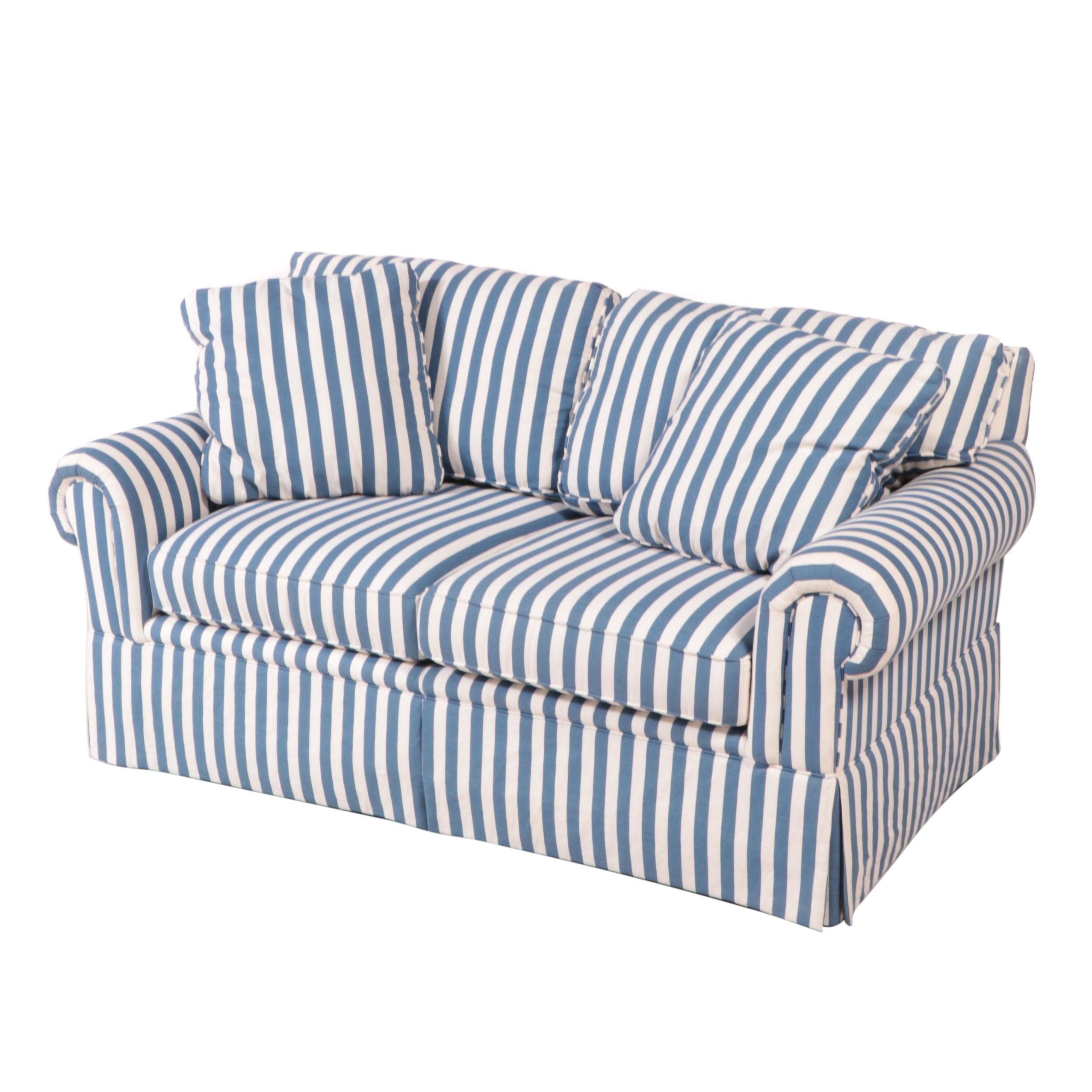 1/2 Lineage Home Furnishings Blue and WhiteStriped Loveseat, Late 20th
