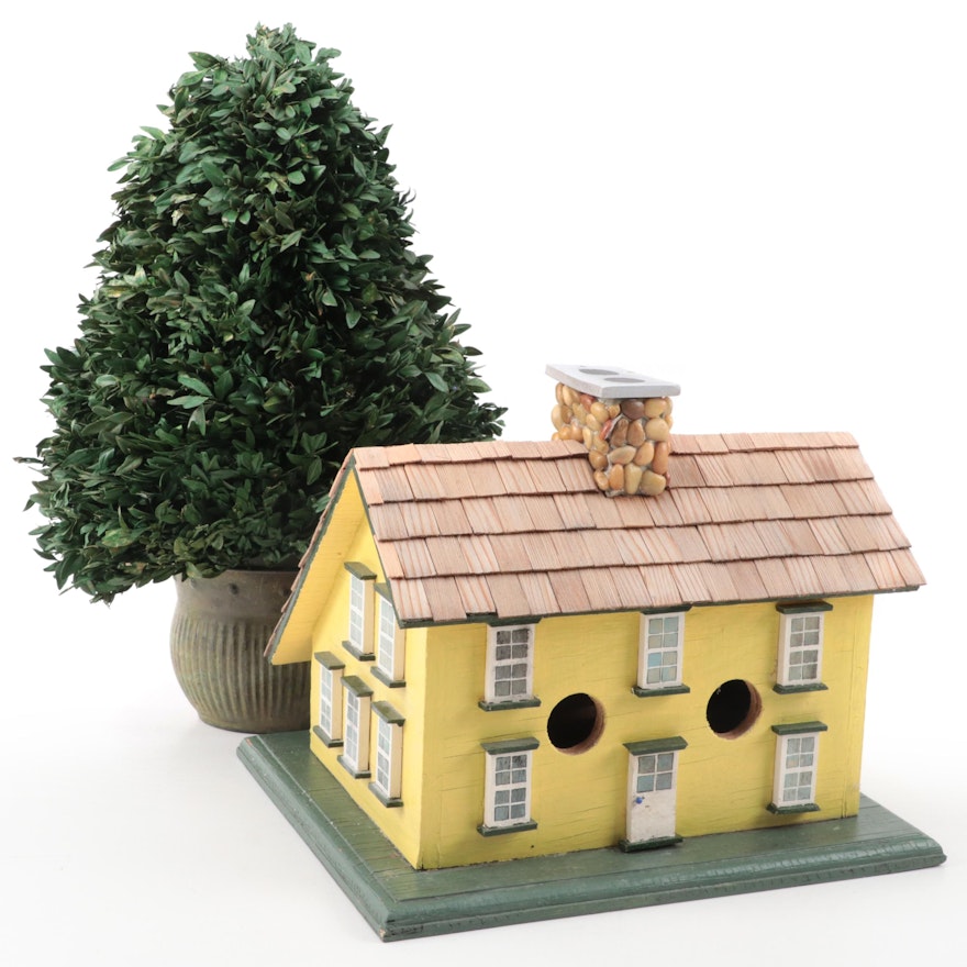 Faux Boxwood Topiary With Ornamental Birdhouse