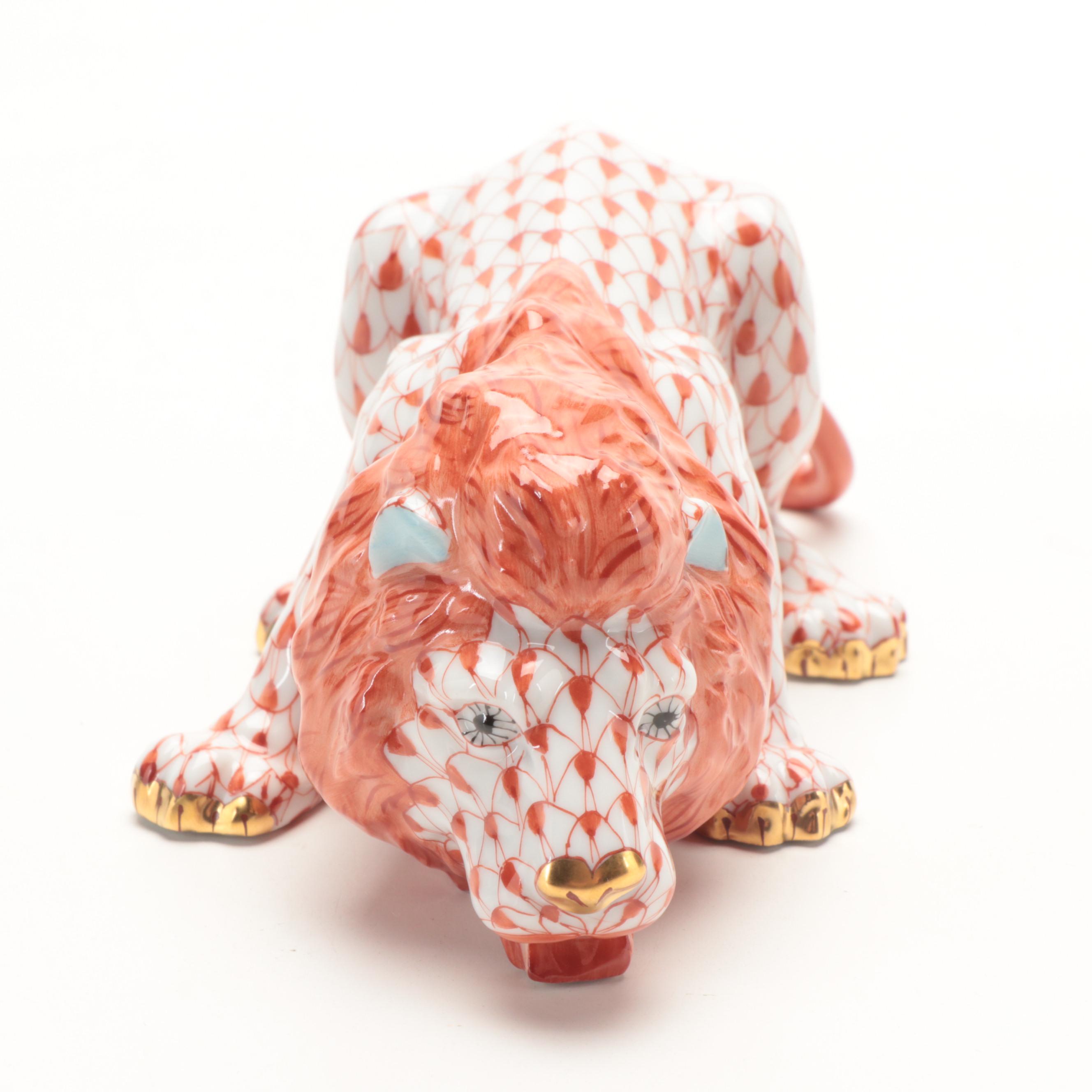 Herend Rust Fishnet with Gold Porcelain Lion Figurine, 2001