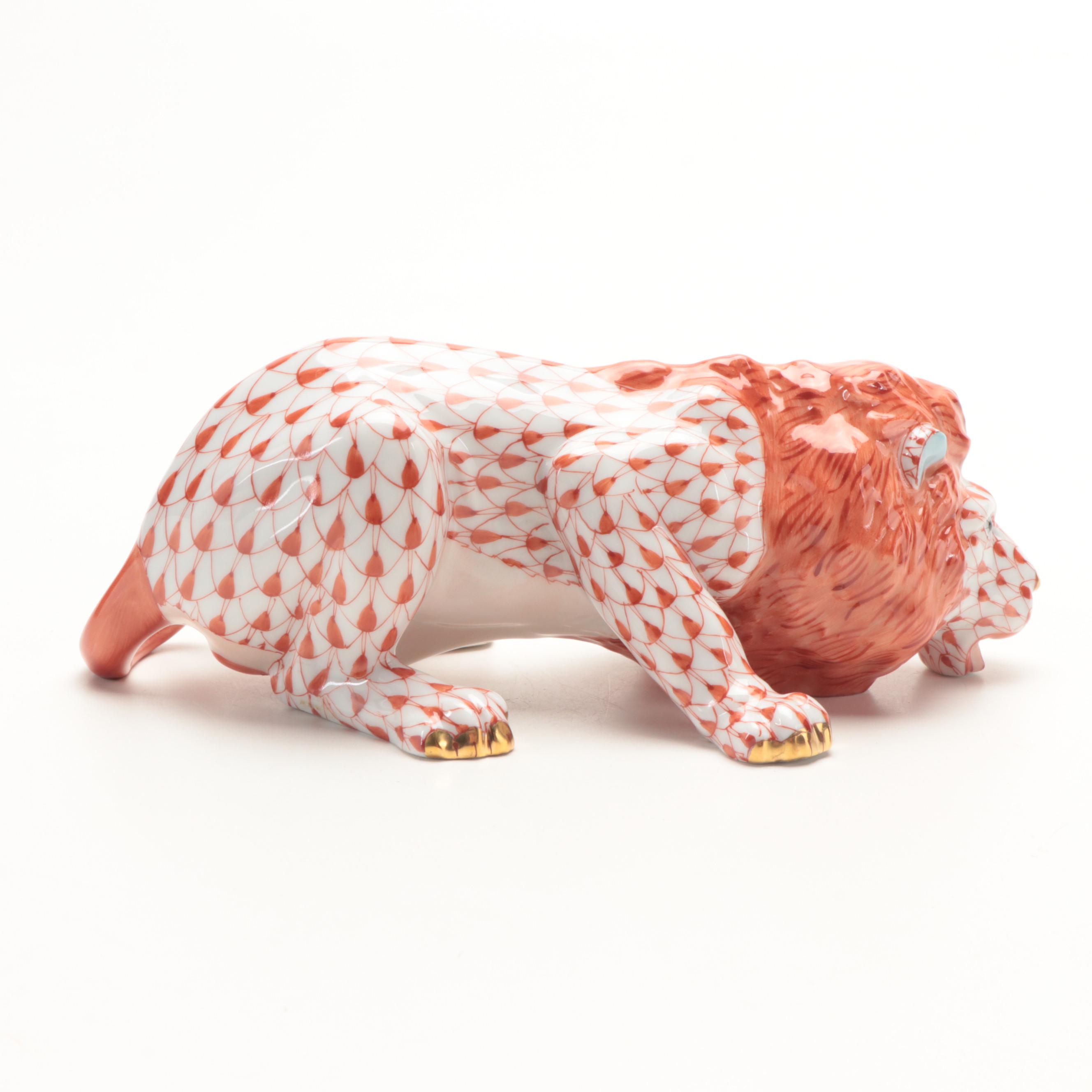 Herend Rust Fishnet with Gold Porcelain Lion Figurine, 2001