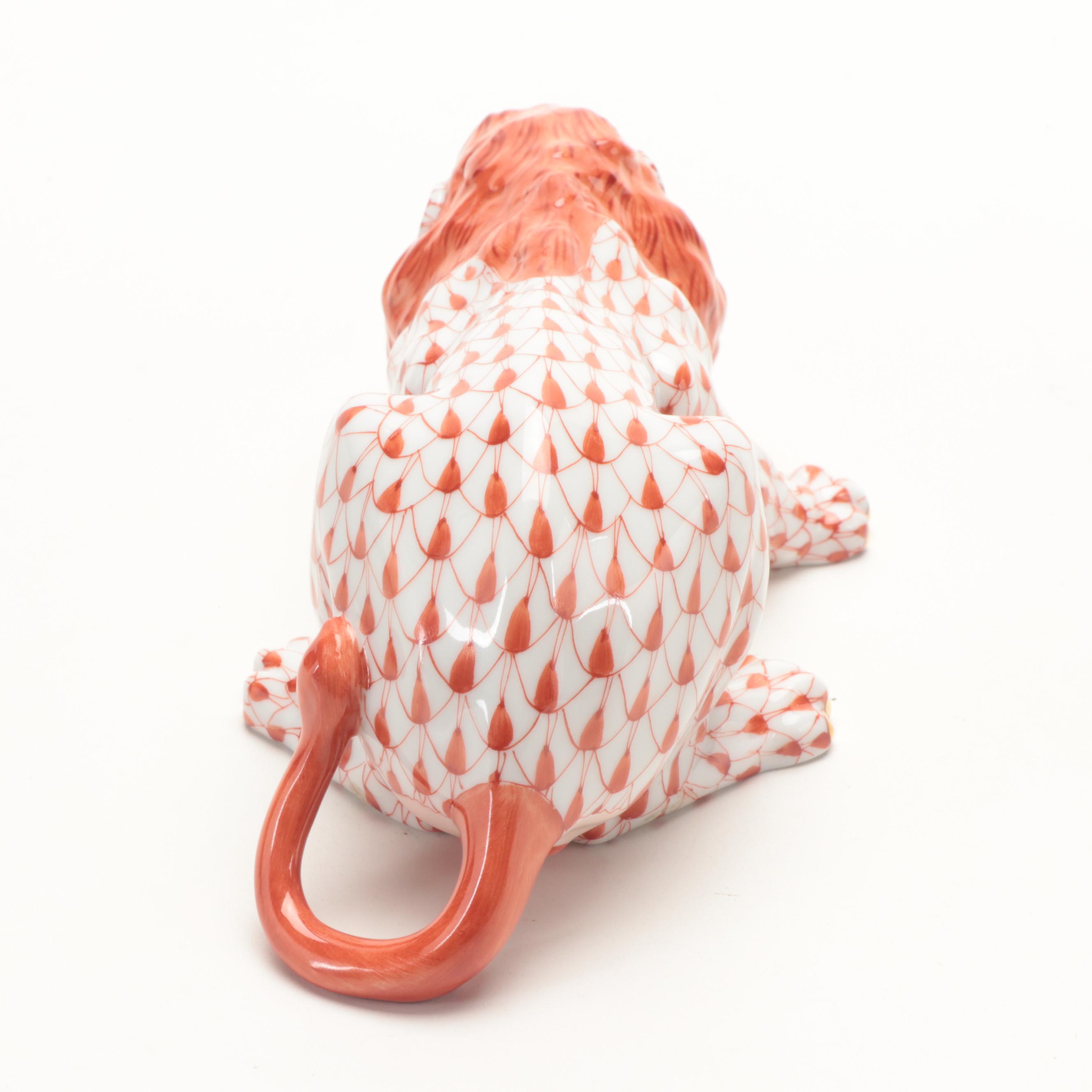 Herend Rust Fishnet with Gold Porcelain Lion Figurine, 2001