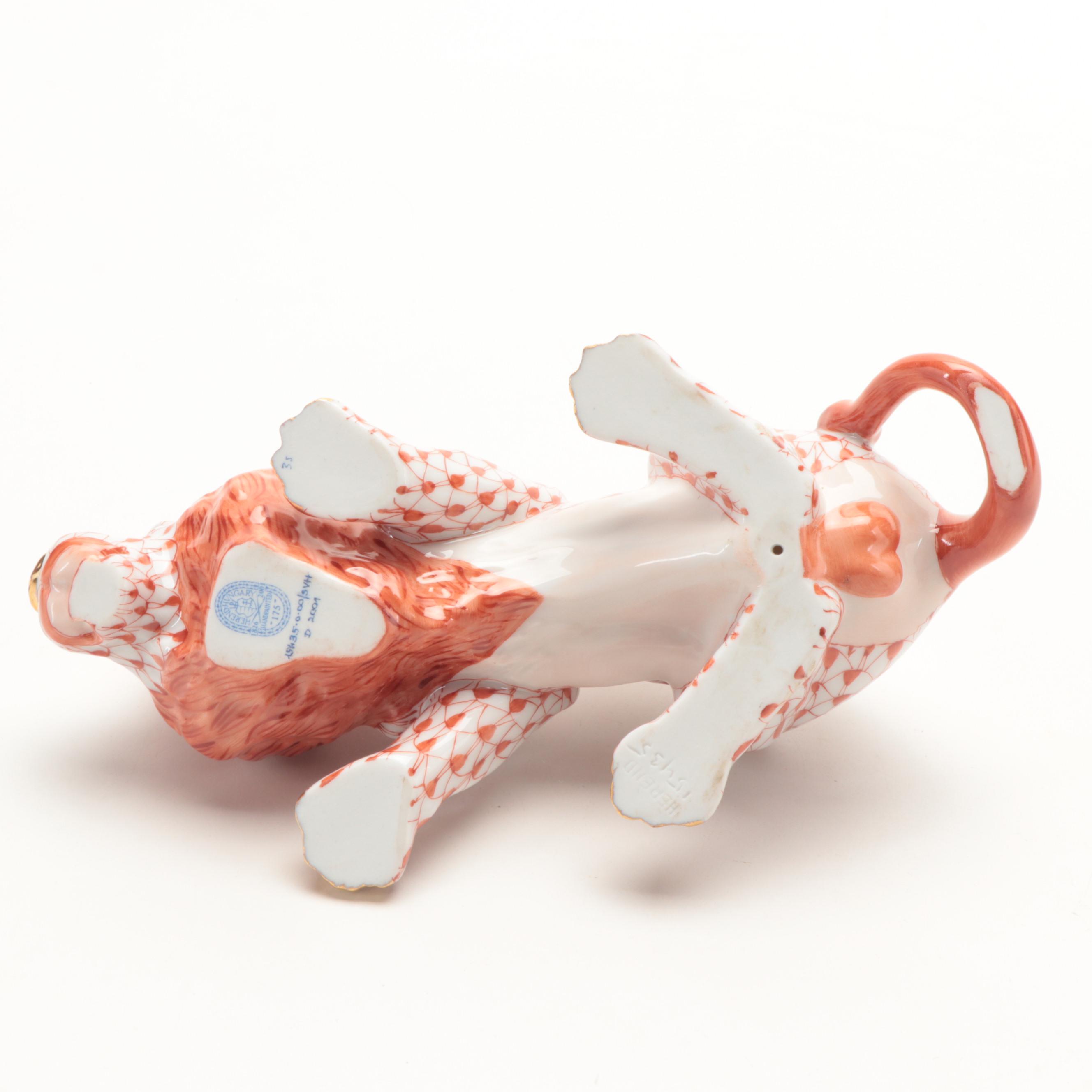 Herend Rust Fishnet with Gold Porcelain Lion Figurine, 2001