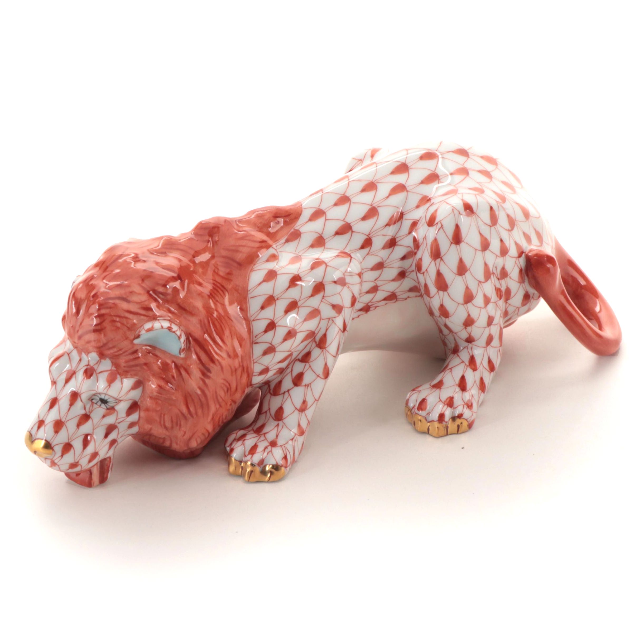 Herend Rust Fishnet with Gold Porcelain Lion Figurine, 2001