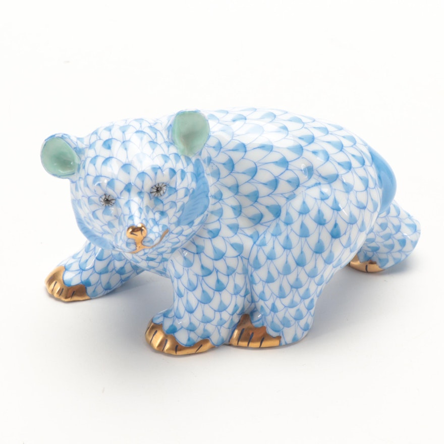 Herend Blue Fishnet with Gold "Baby Bear Walking" Porcelain Figurine