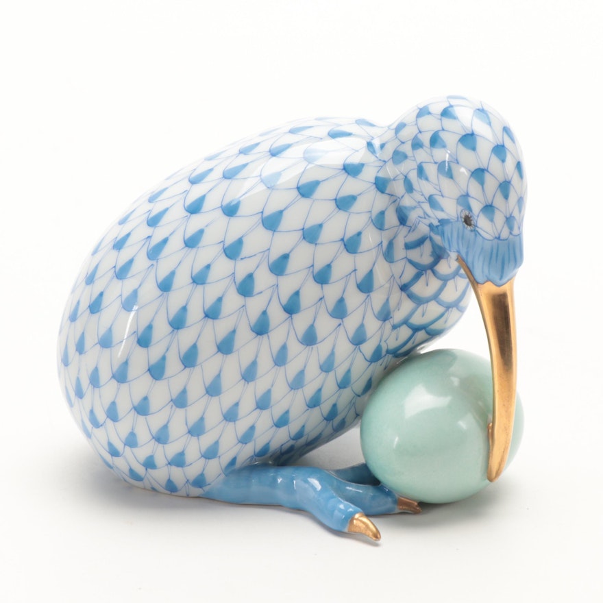 Herend Blue Fishnet with Gold "Kiwi" Porcelain Figurine, 1996