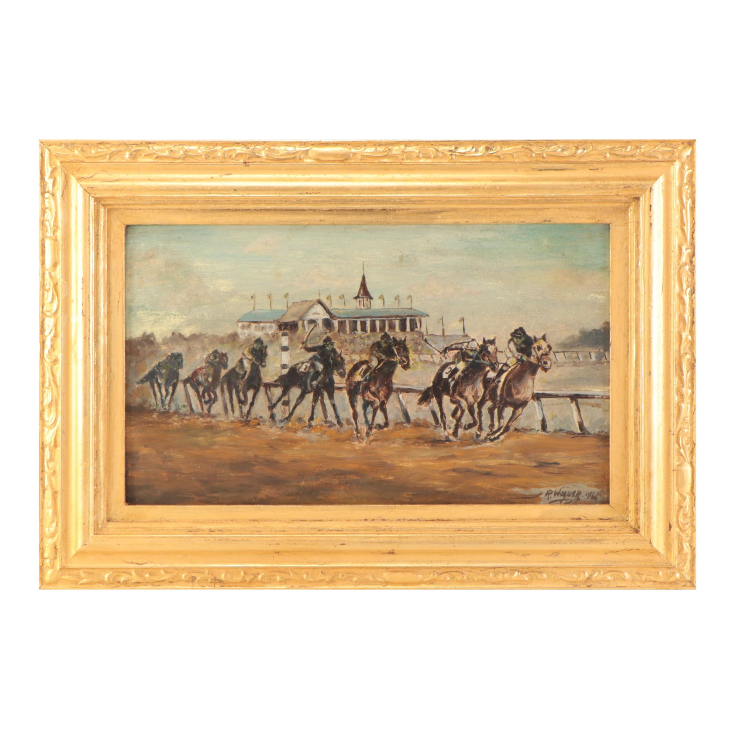 R. Wagner Oil Painting of Race at Churchill Downs, Circa 1960
