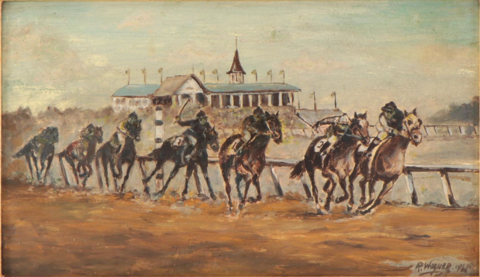 R. Wagner Oil Painting of Race at Churchill Downs, Circa 1960