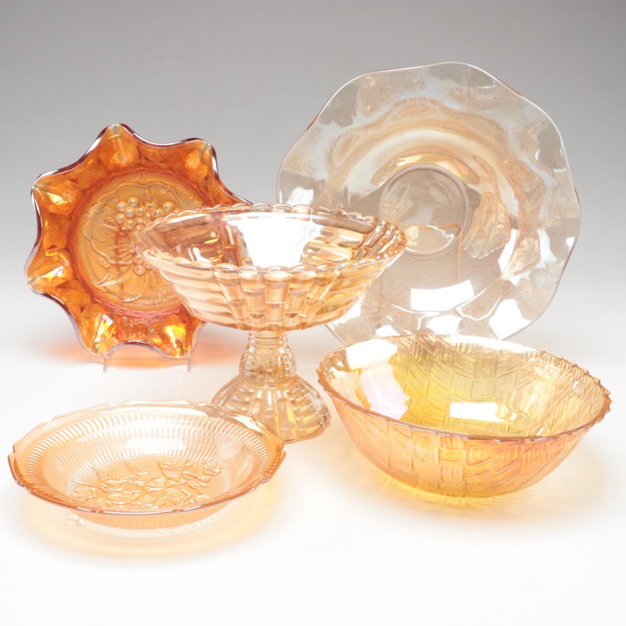 Marigold Carnival Glass Basketweave Bowl and Tableware, Mid-20th Century