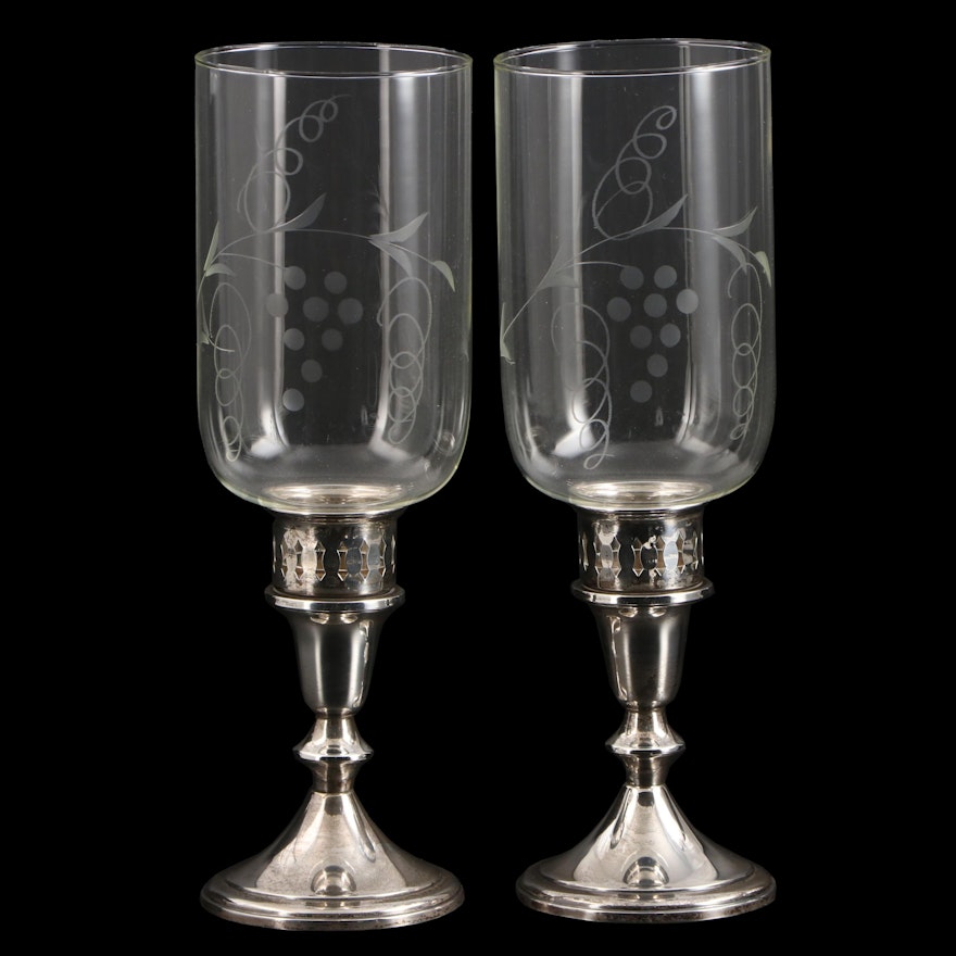 Poole Sterling Silver Candle Holders With Etched Glass Hurricane Shades