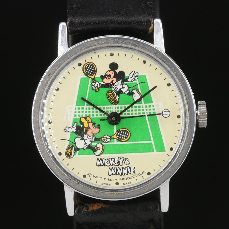 Vintage Swiss Made Mickey and Minnie Mouse Playing Tennis Stem Wind Wristwatch
