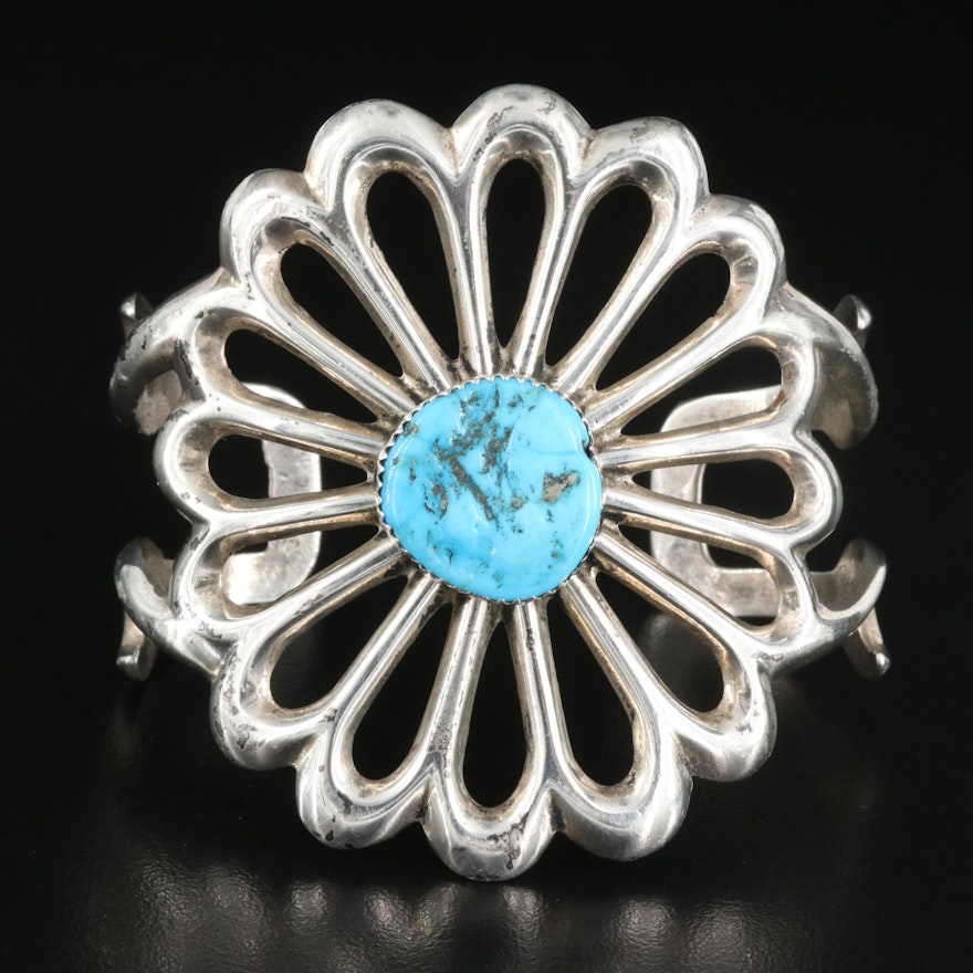 Signed Southwest Sterling and Turquoise Flower Cuff