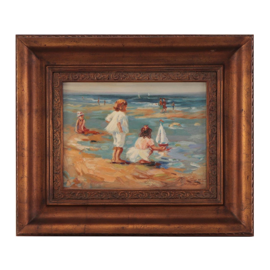 Oil Painting of Children at the Beach