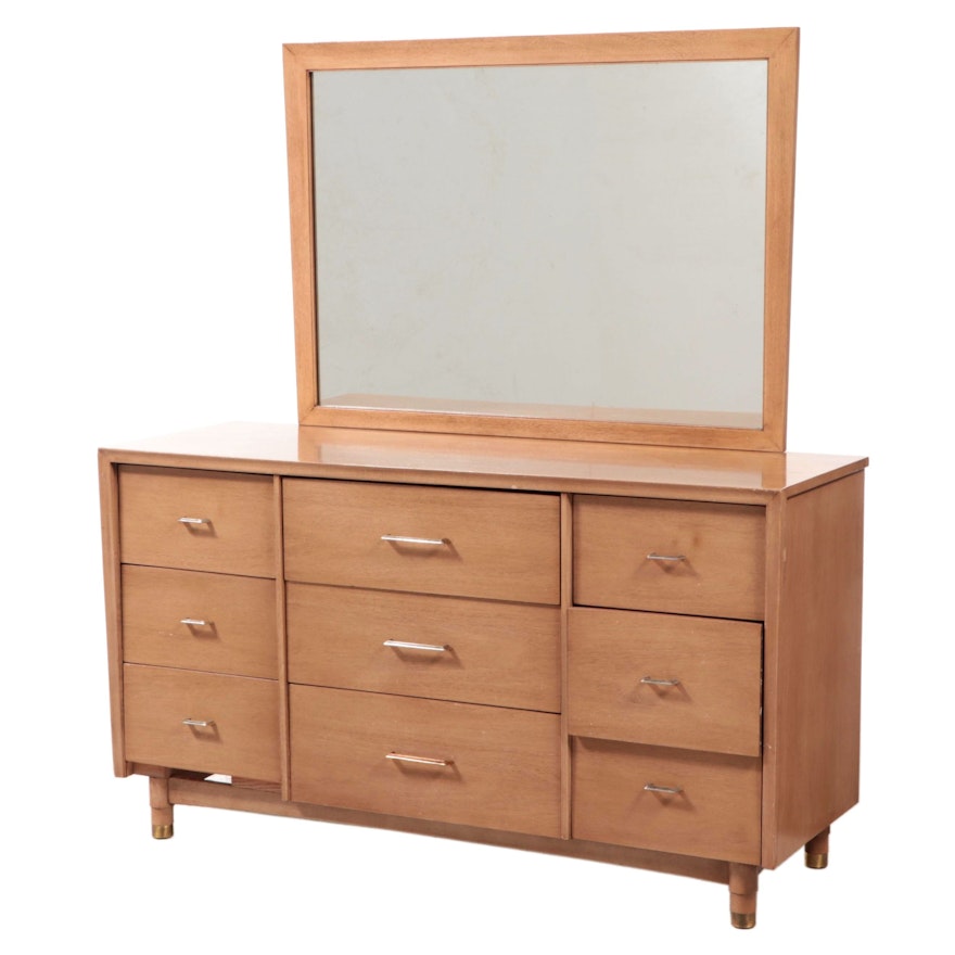 Kent Coffey "Goldenaire" Blond Mahogany Dresser with Mirror, Mid-20th Century