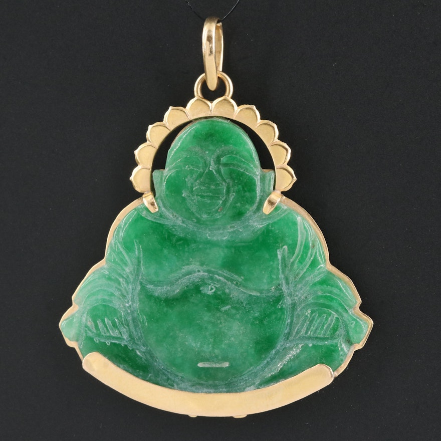 14K Jadeite Laughing Buddha Pendant