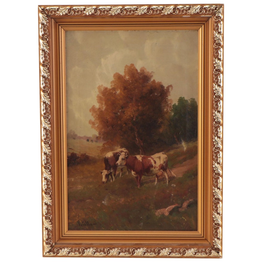 Landscape Oil Painting Cows in Pasture, Early 20th Century