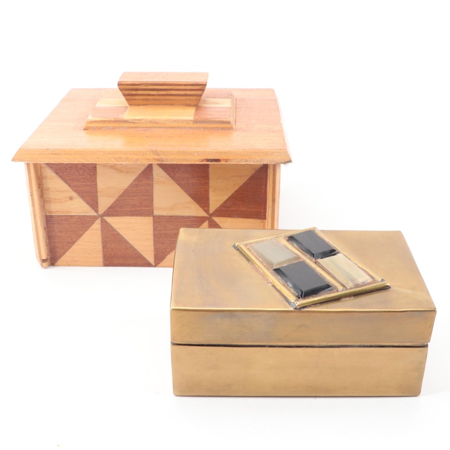 Wooden Marquetry Box and Brass With Stone Inlaid Top Decorative Box