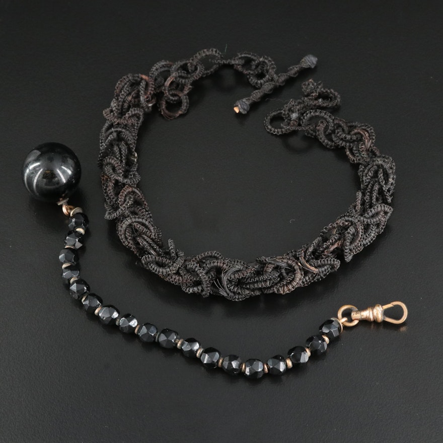 Victorian Animal Hair Byzantine Link and Glass Watch Chains