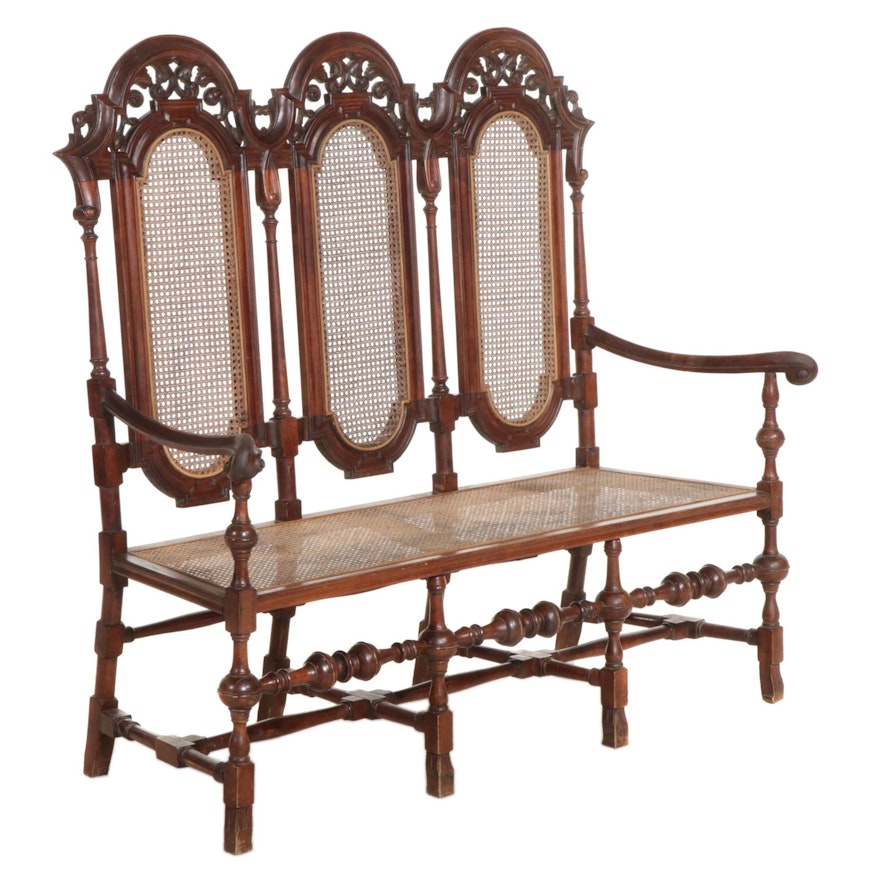 William and Mary Style Carved Oak Triple Chair-Back Settee, Late 19th Century