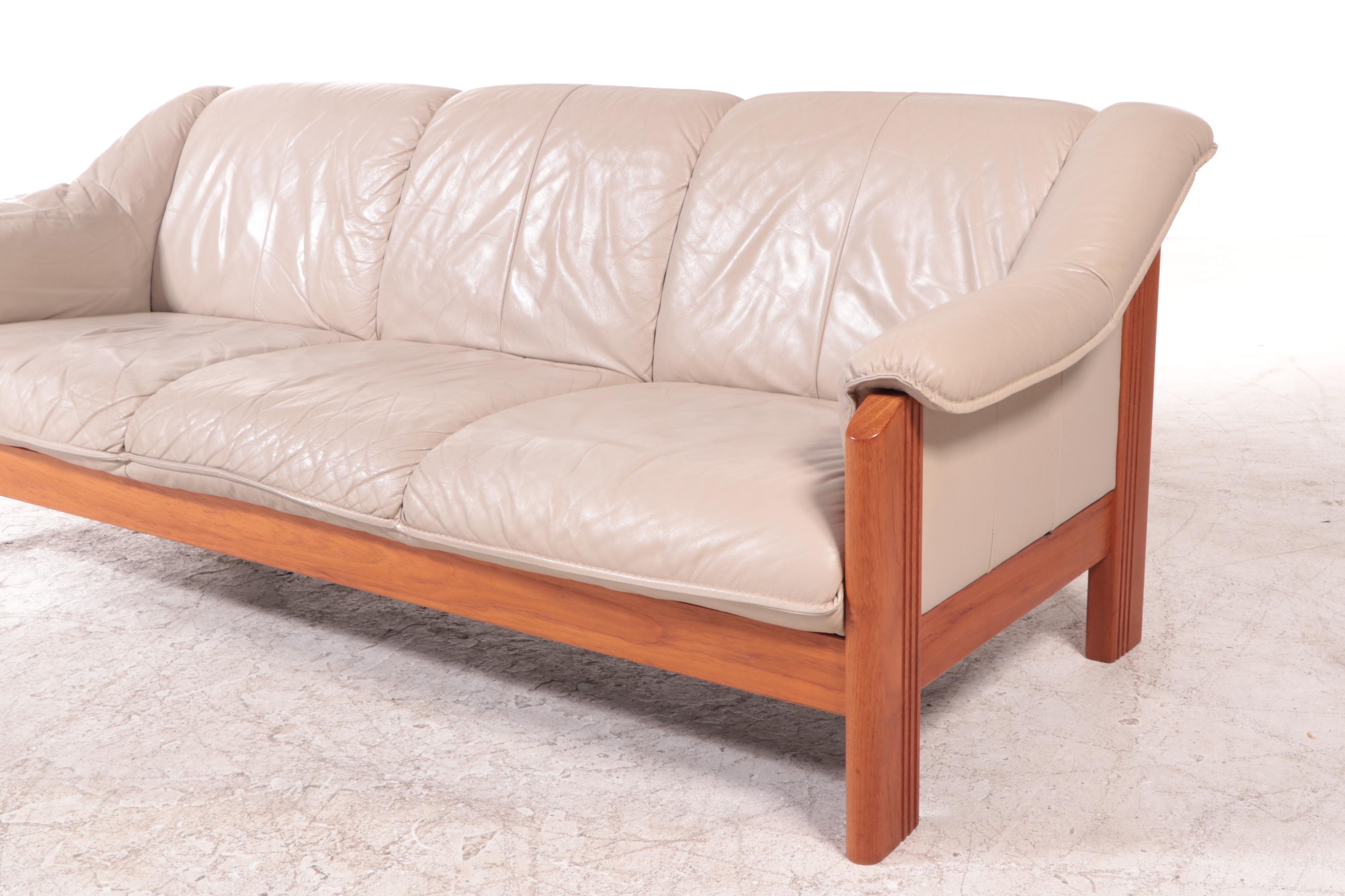 J.E. Ekornes Norwegian Modern Teak and Leather Upholstered Sofa, 1980s