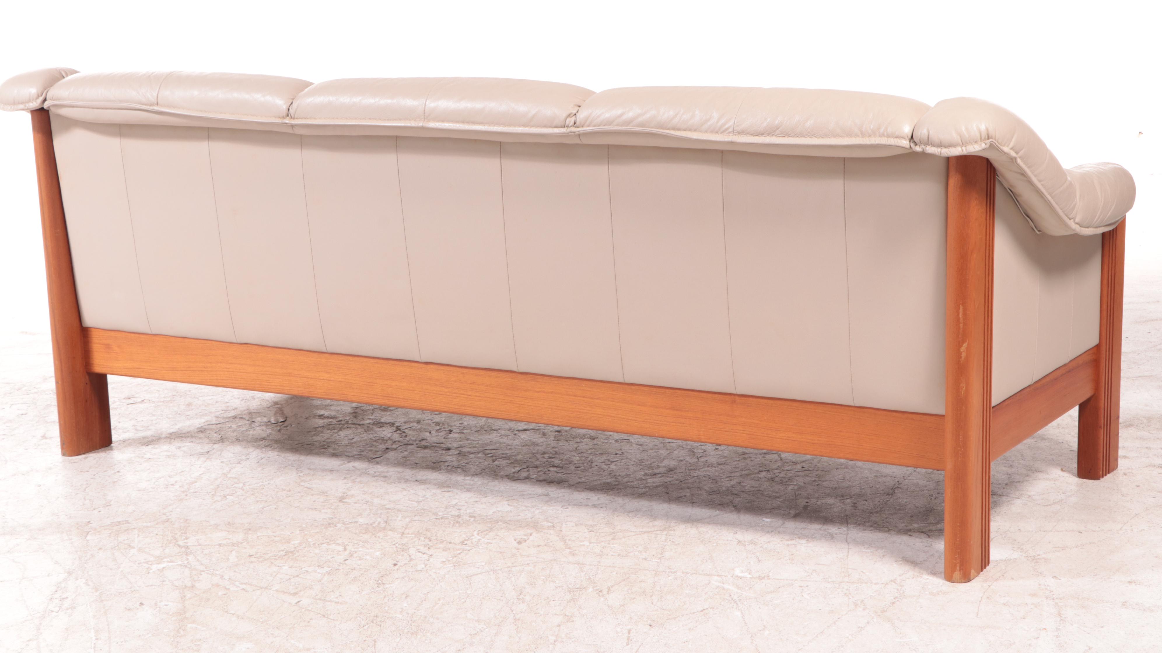 J.E. Ekornes Norwegian Modern Teak and Leather Upholstered Sofa, 1980s