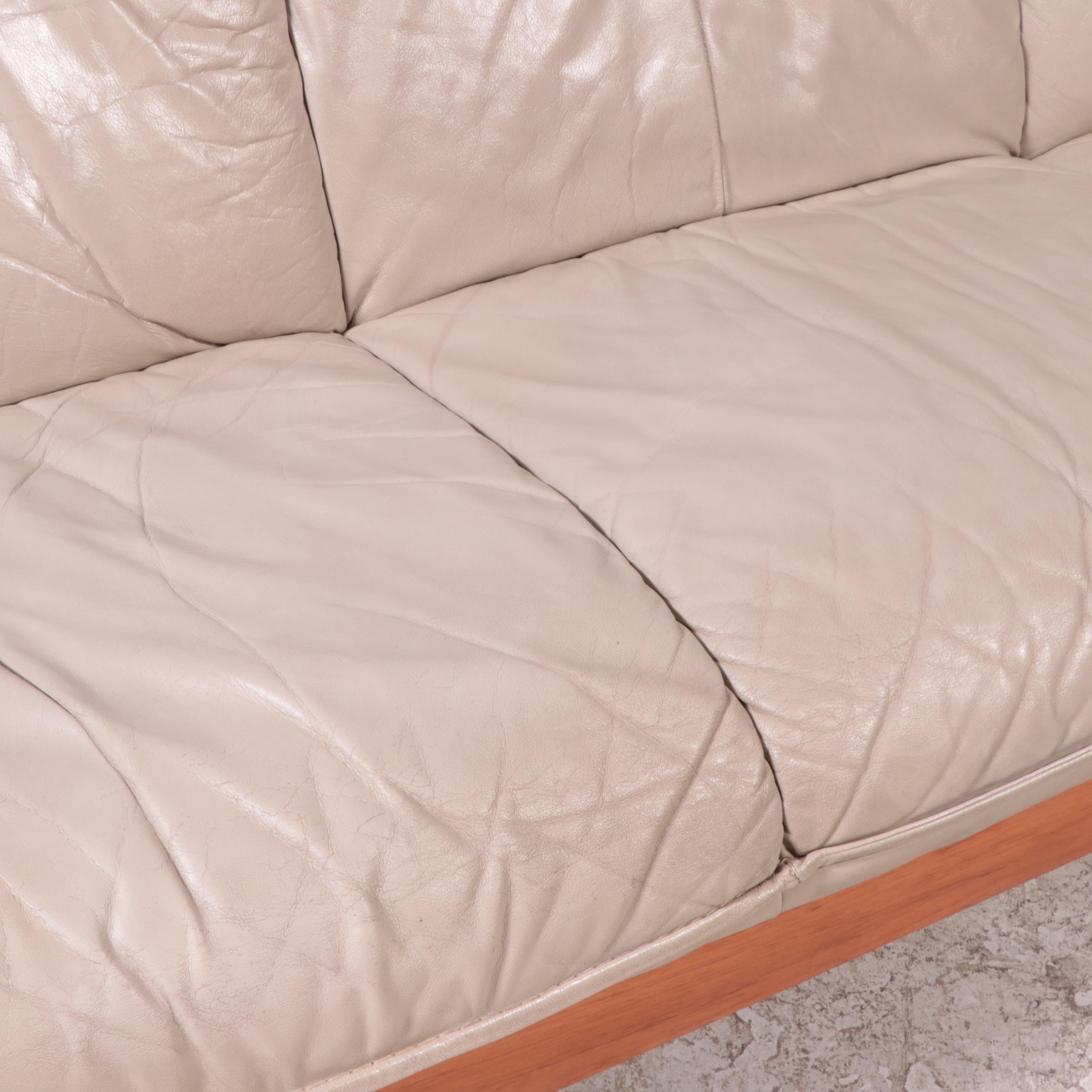 J.E. Ekornes Norwegian Modern Teak and Leather Upholstered Sofa, 1980s