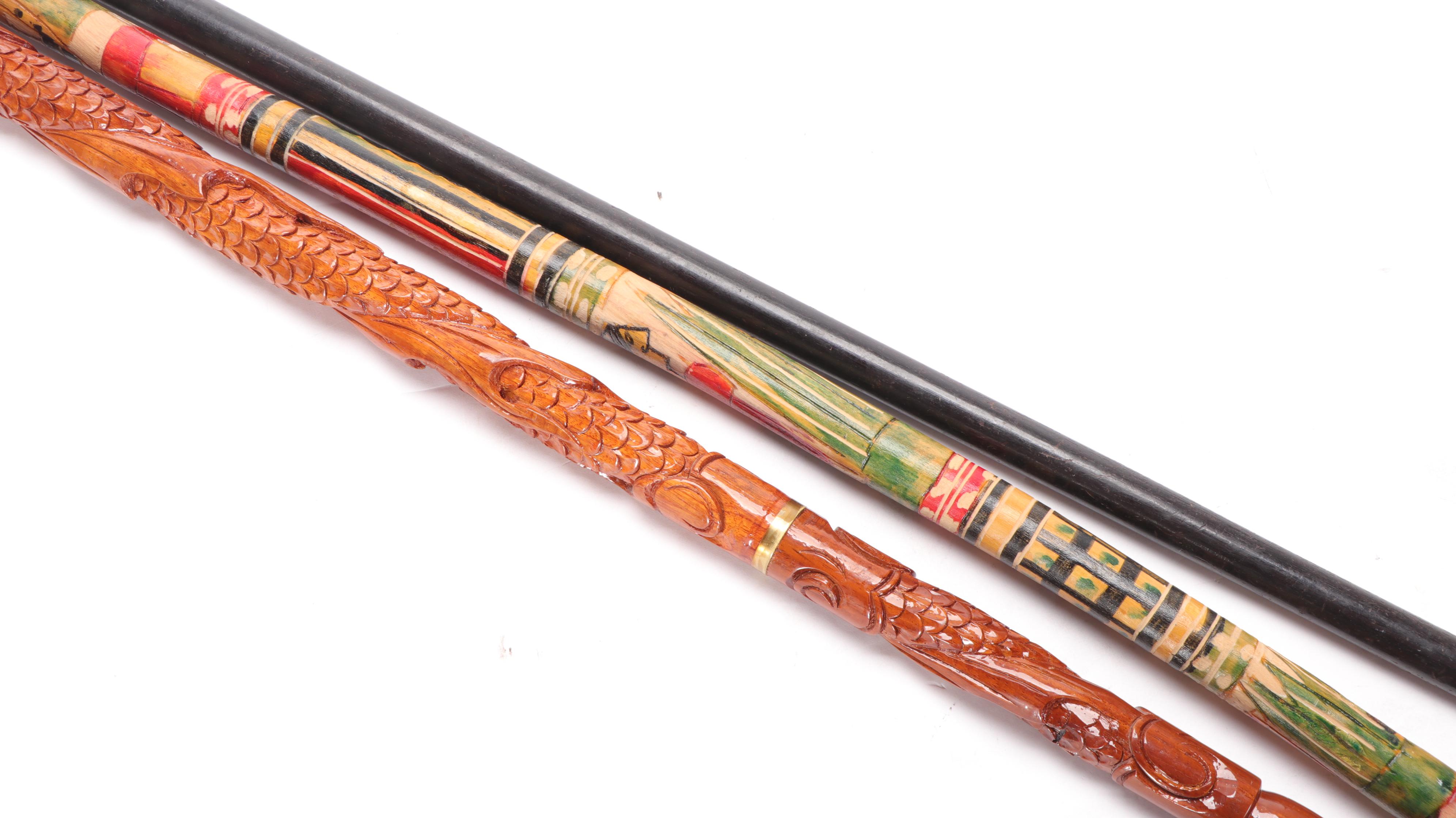 Carved Wooden Crook Handle and Knob Handle Canes and Walking Sticks