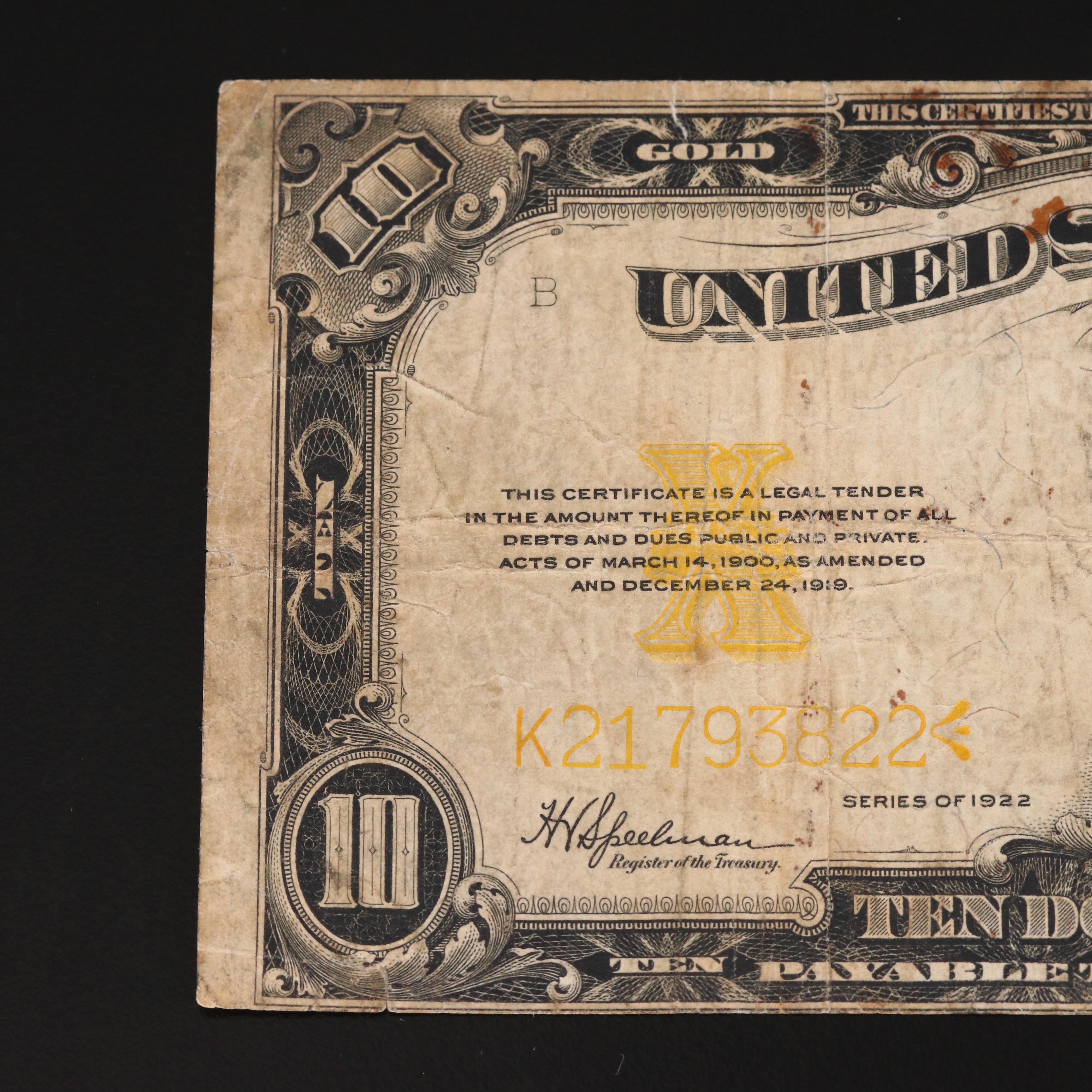 Series of 1922 $10 United States Gold Certificate