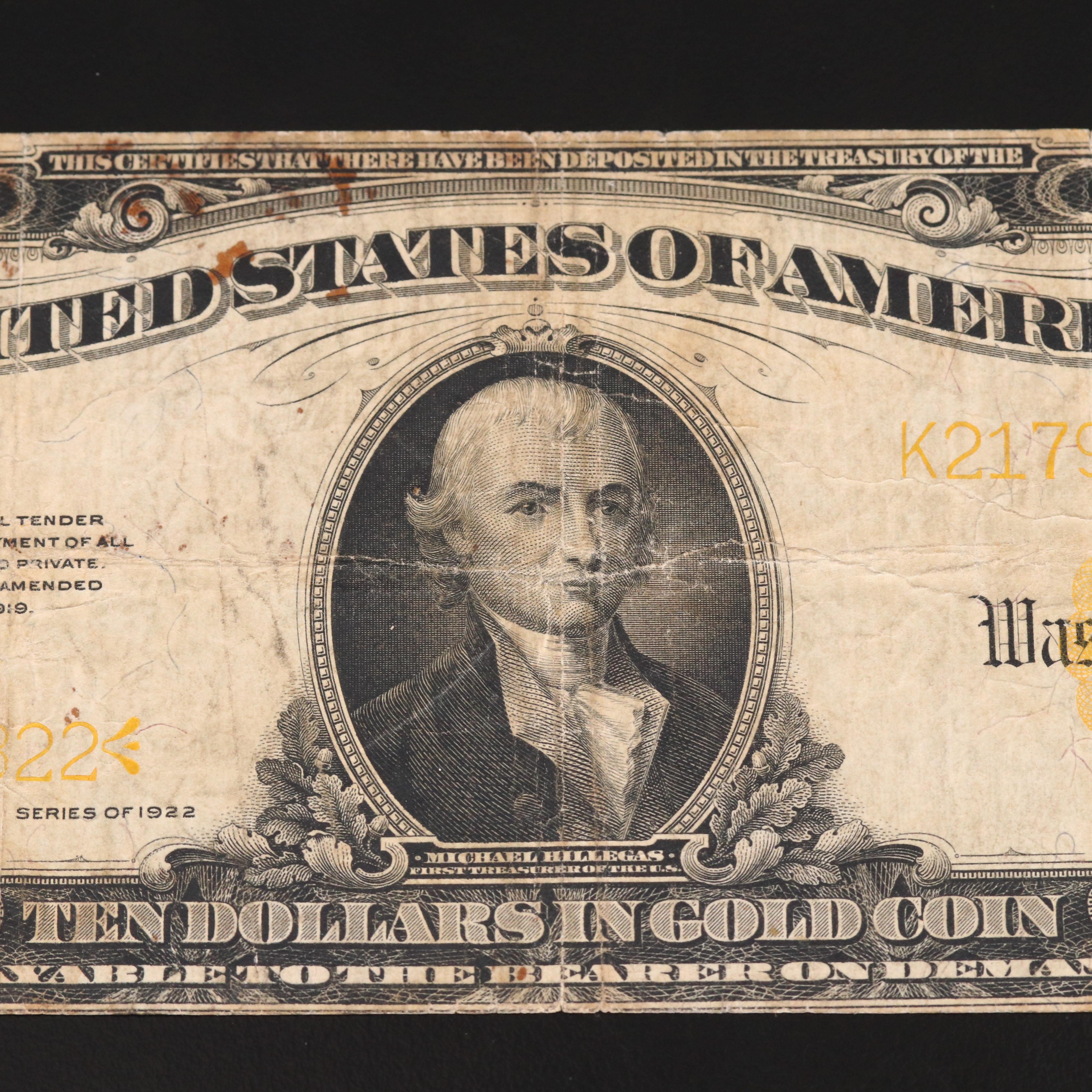 Series of 1922 $10 United States Gold Certificate