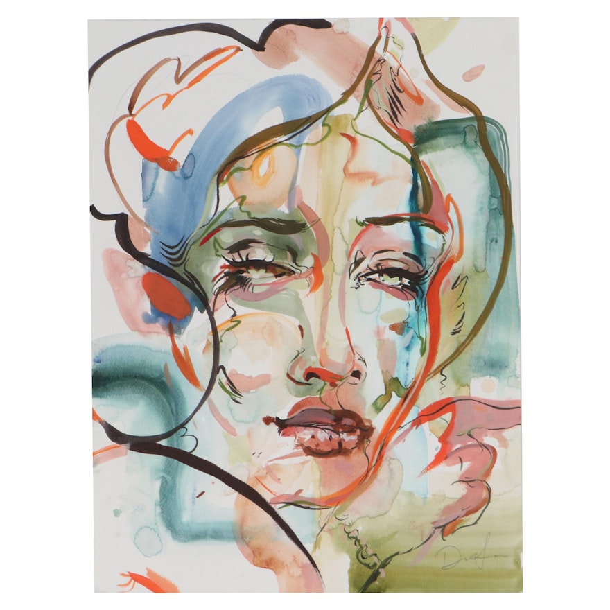 Daniel Sabau Gouache and Watercolor Painting "Green Eyed Girl," 2022