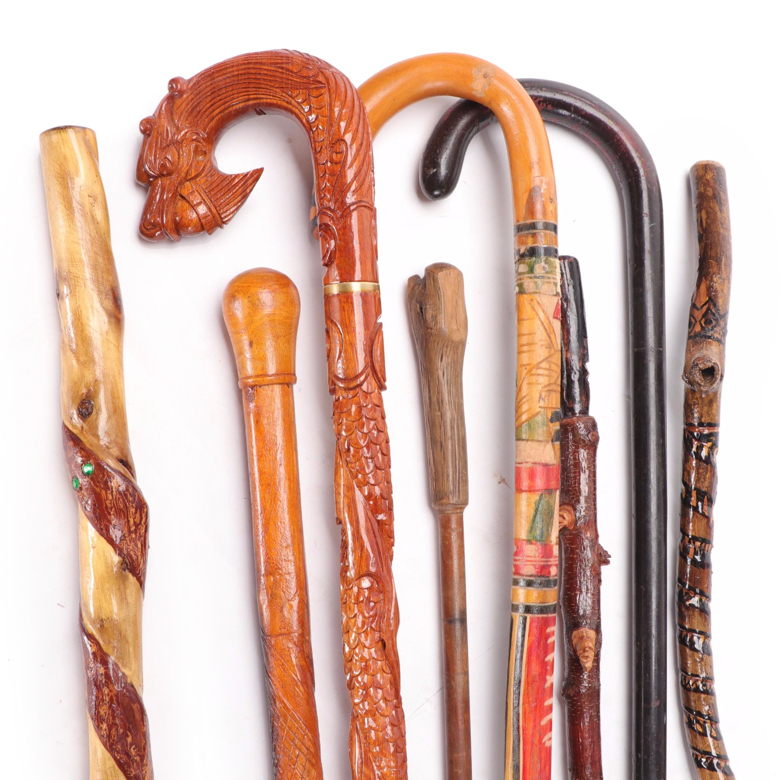 Carved Wooden Crook Handle and Knob Handle Canes and Walking Sticks