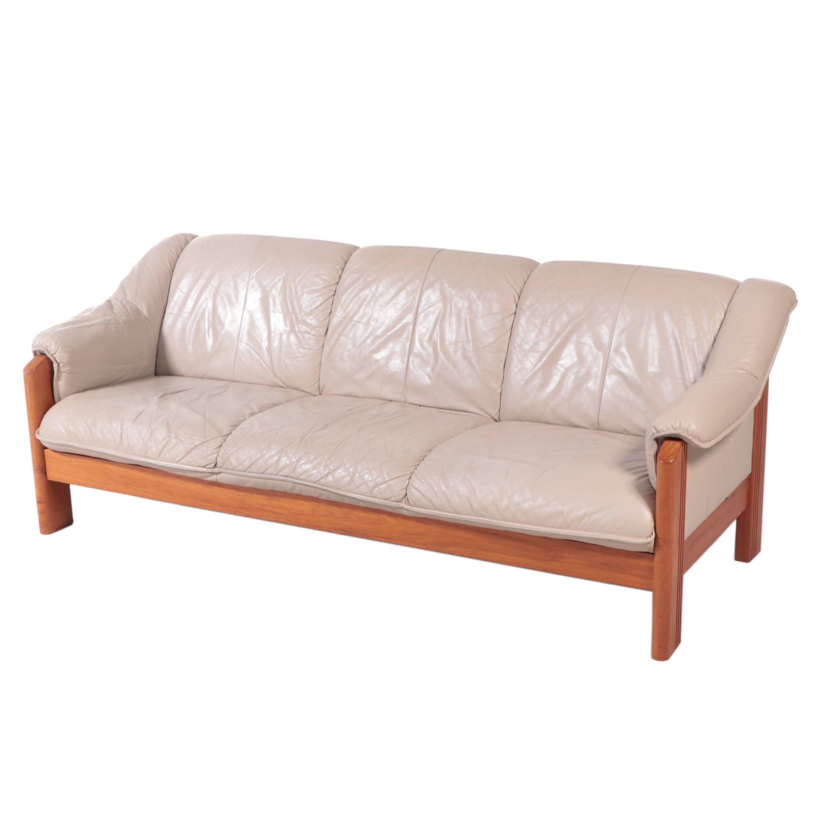 J.E. Ekornes Norwegian Modern Teak and Leather Upholstered Sofa, 1980s