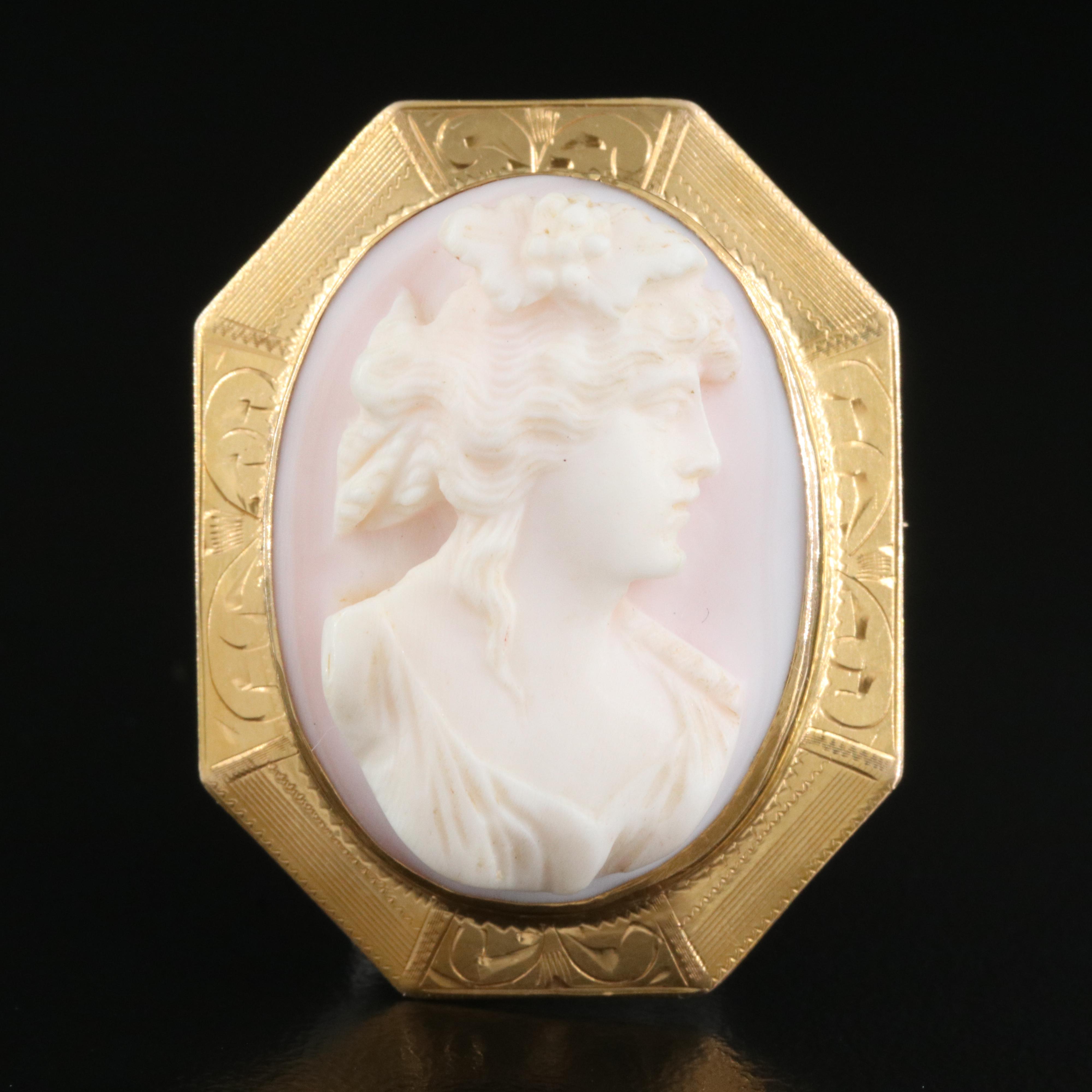 Early 1900s 10K Conch Shell High-Relief Cameo Converter Brooch