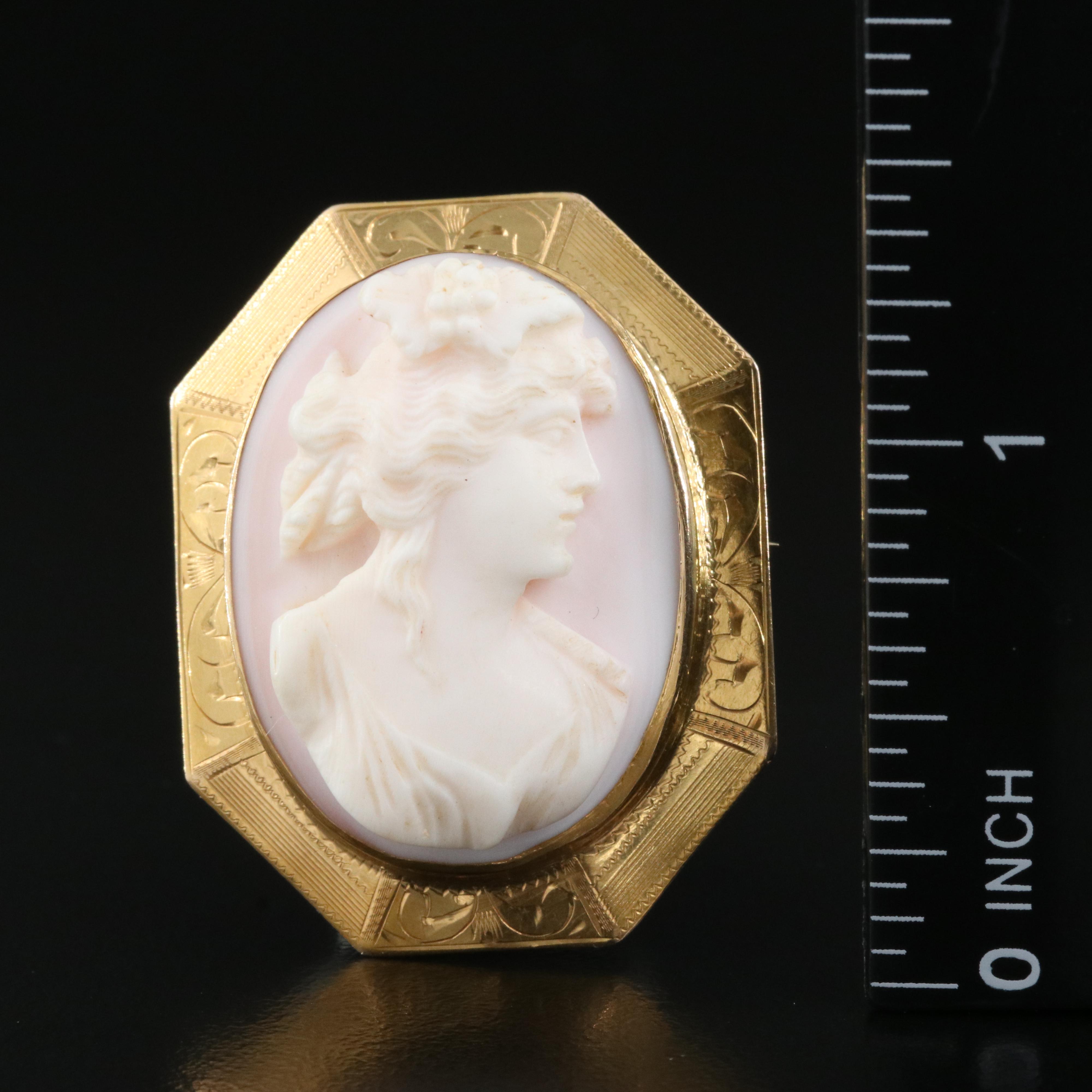 Early 1900s 10K Conch Shell High-Relief Cameo Converter Brooch