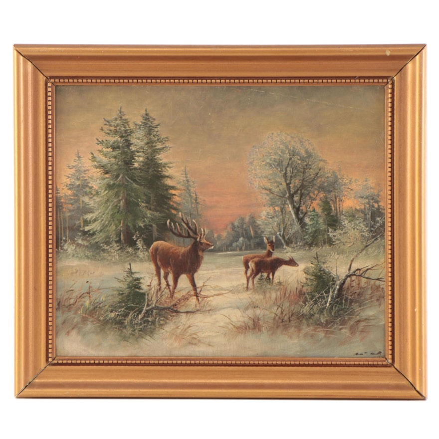 Snowy Landscape Oil Painting With Stag and Deer, Circa 1910