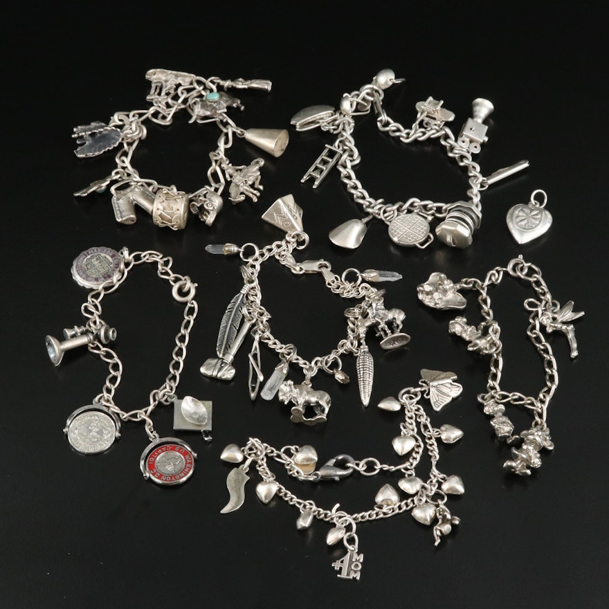 Vintage Sterling Charm Bracelet Selection with Western and Travel Charms