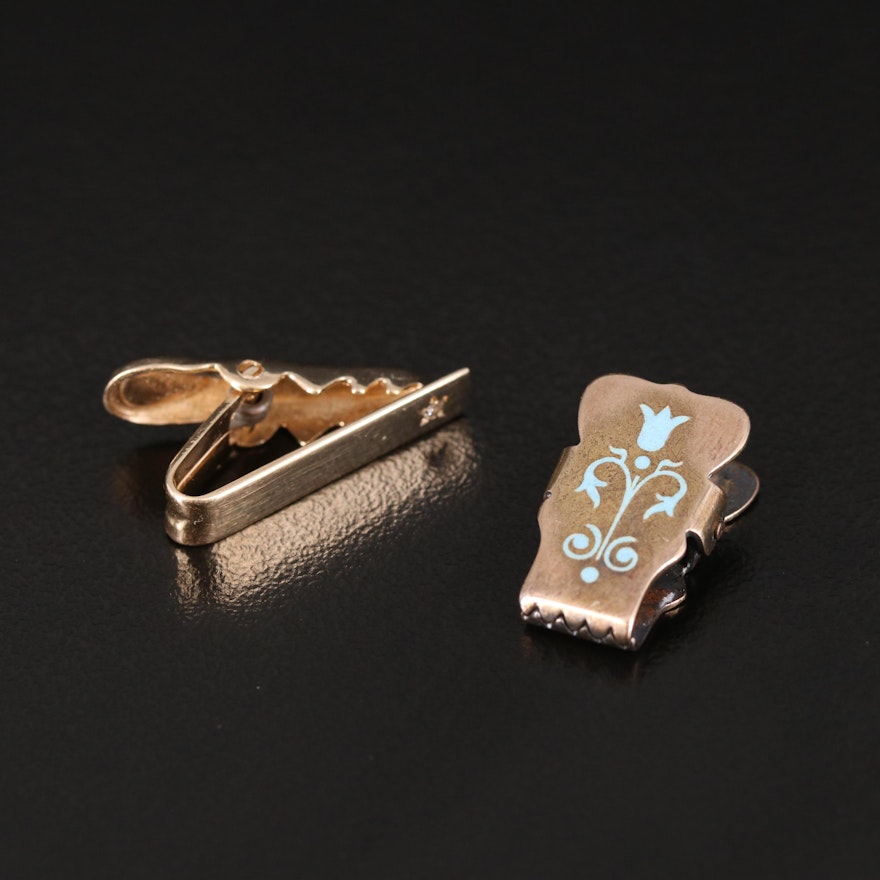 Victorian and Antique 14K Diamond and Enamel Dress Clips