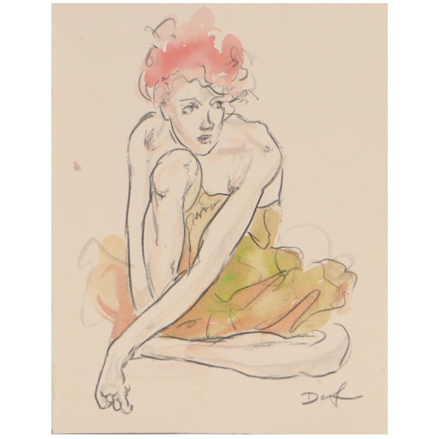 Daniel Sabau Watercolor and Graphite Painting "Sitting Ballerina" 2022