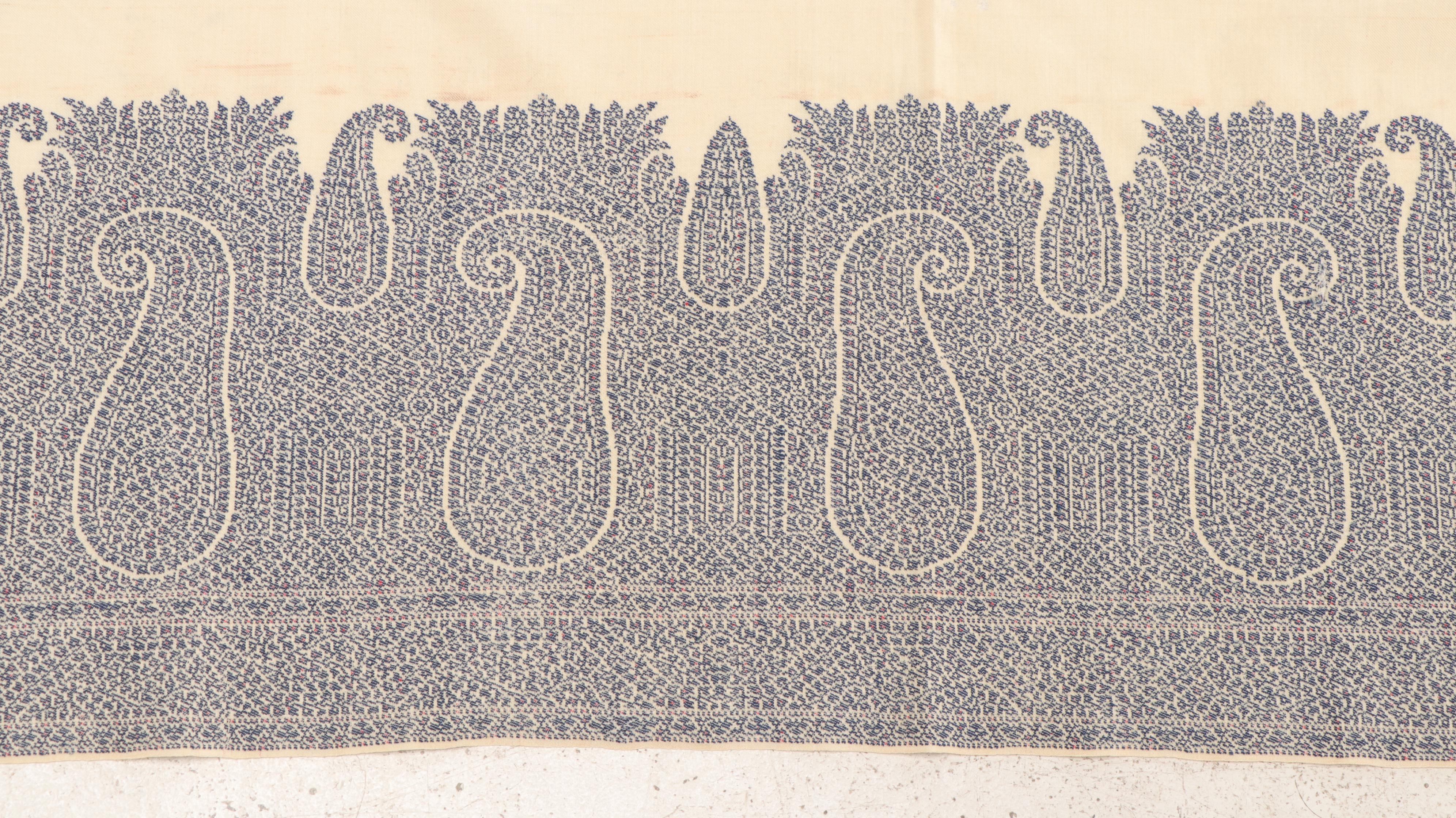 European Jacquard Wool and Cotton Blue and White Paisley Shawl