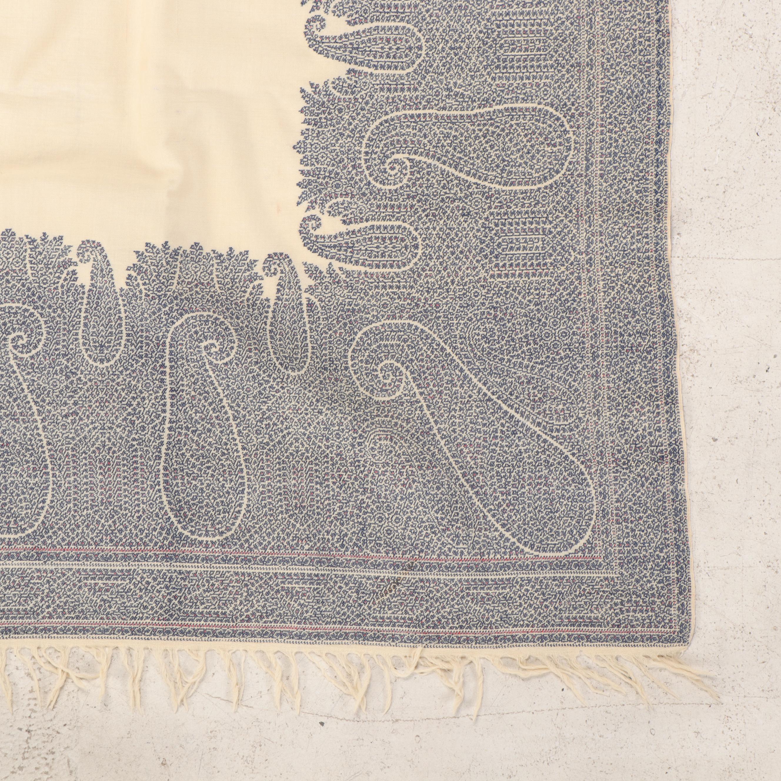 European Jacquard Wool and Cotton Blue and White Paisley Shawl