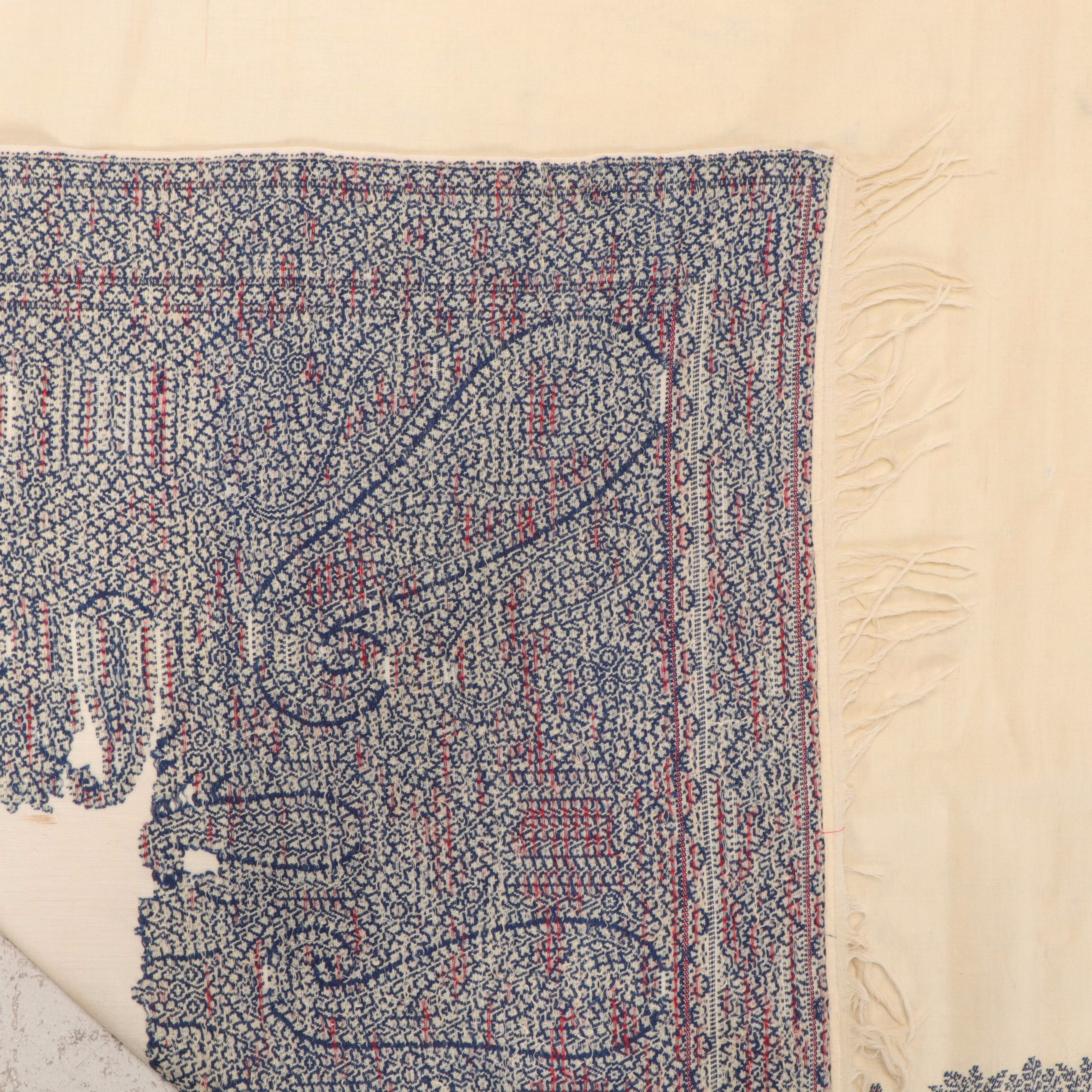 European Jacquard Wool and Cotton Blue and White Paisley Shawl