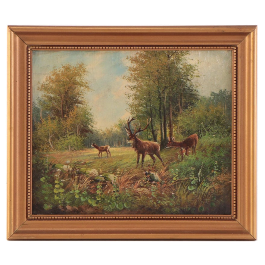 Landscape Oil Painting With Stag and Deer, Circa 1910