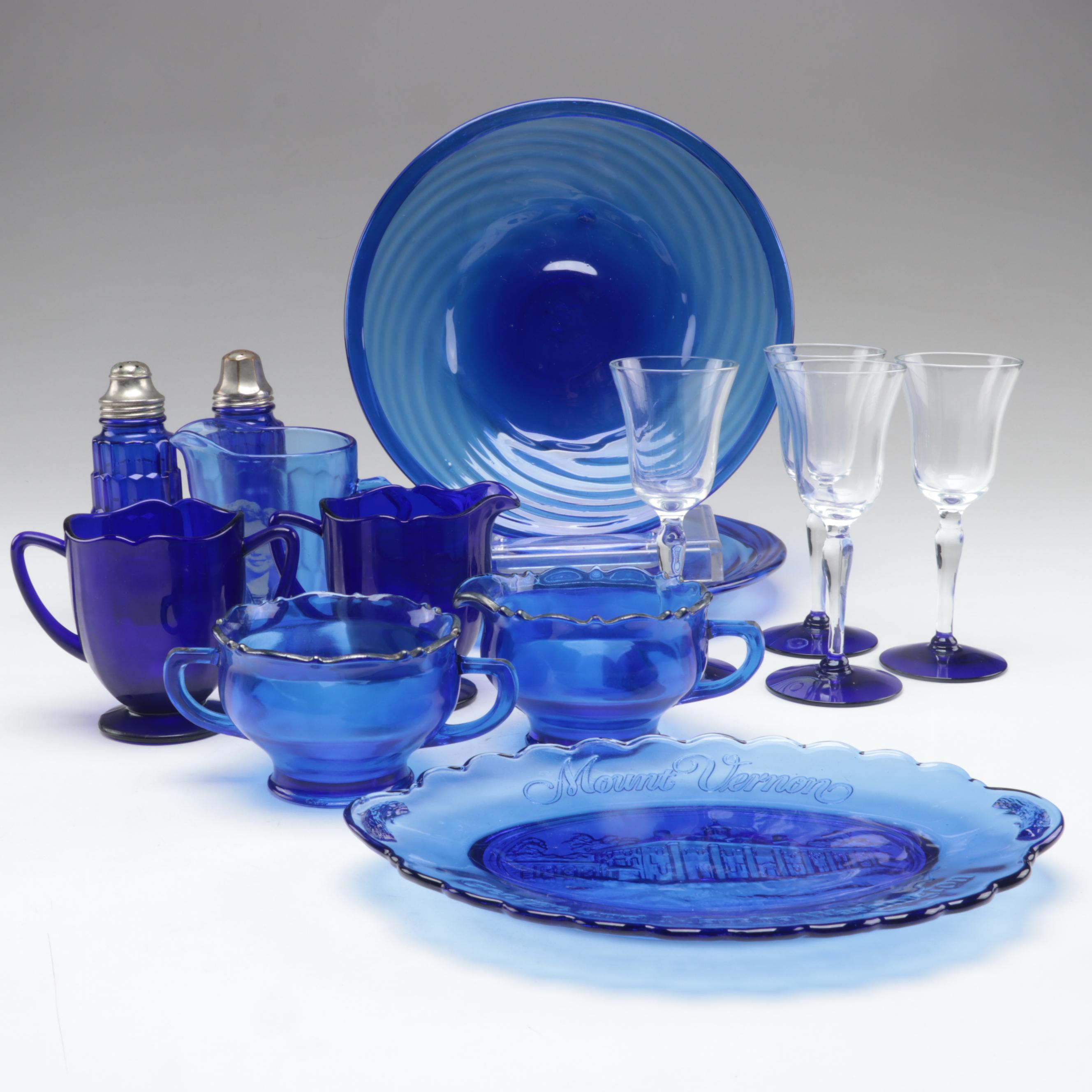Hazel Atlas Cobalt Blue Glass Shakers with Other Cobalt Blue Glass Tableware