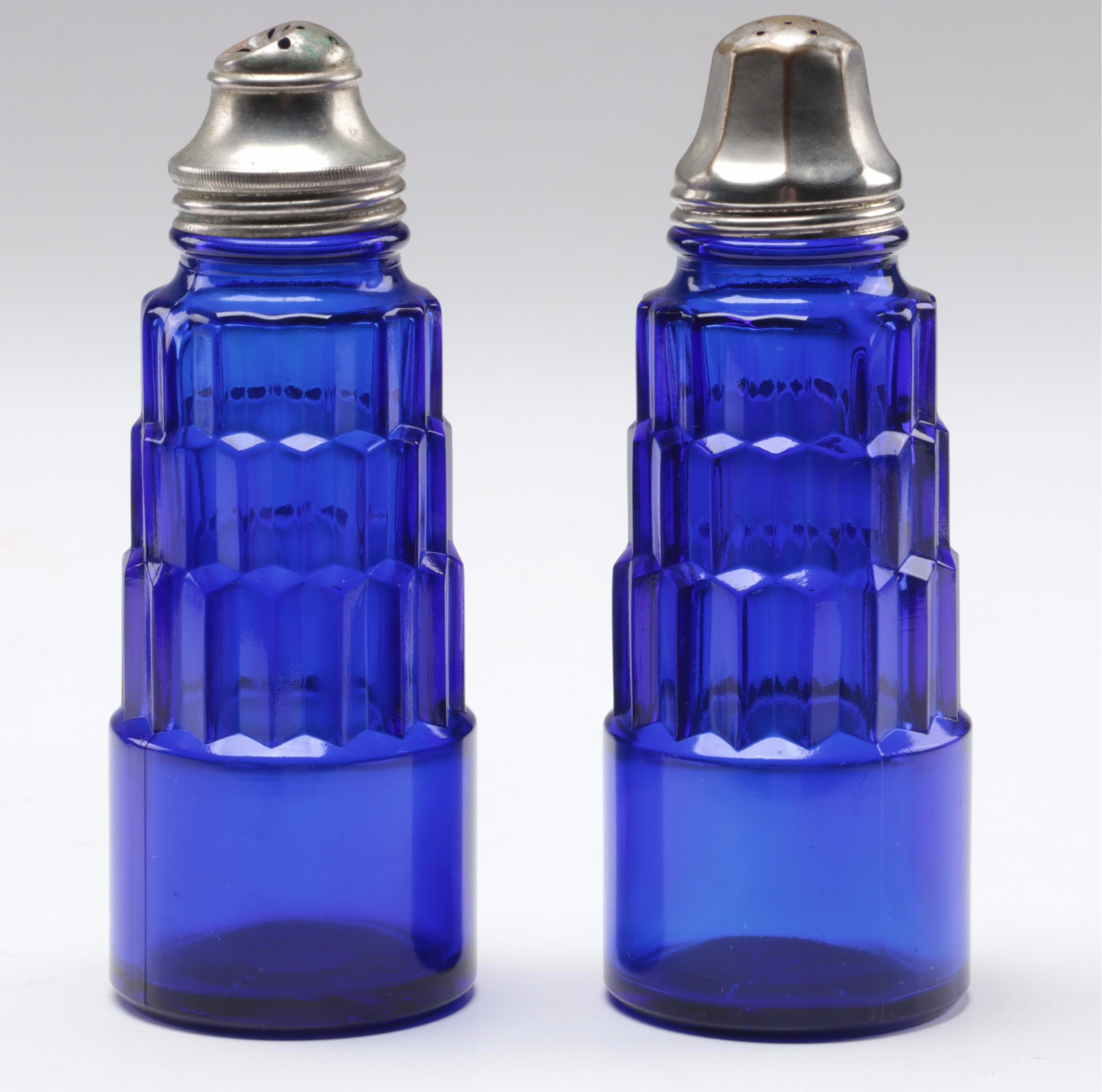 Hazel Atlas Cobalt Blue Glass Shakers with Other Cobalt Blue Glass Tableware