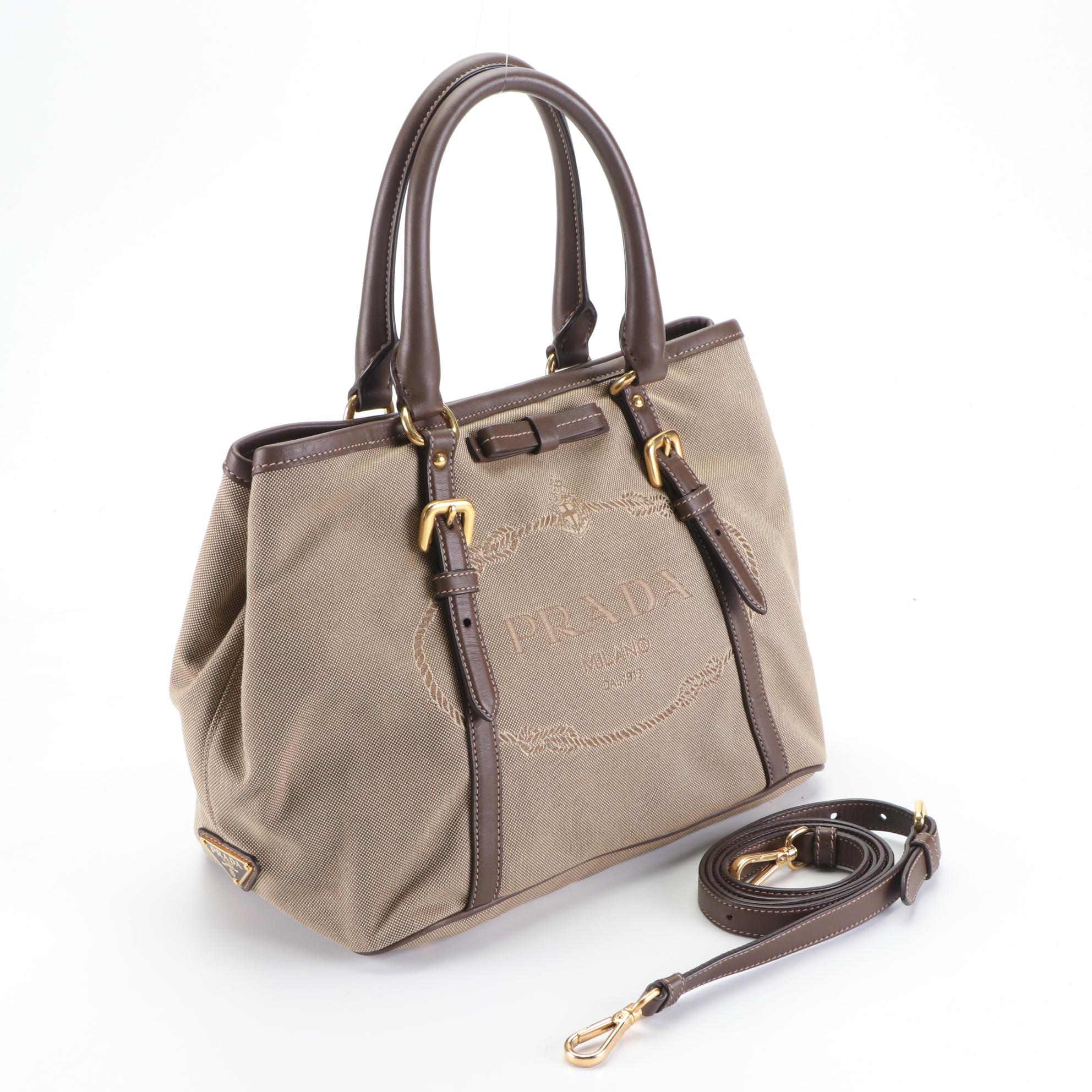 Prada Small Logo Tote in Brown/Tan Canvas and Brown Leather with Strap