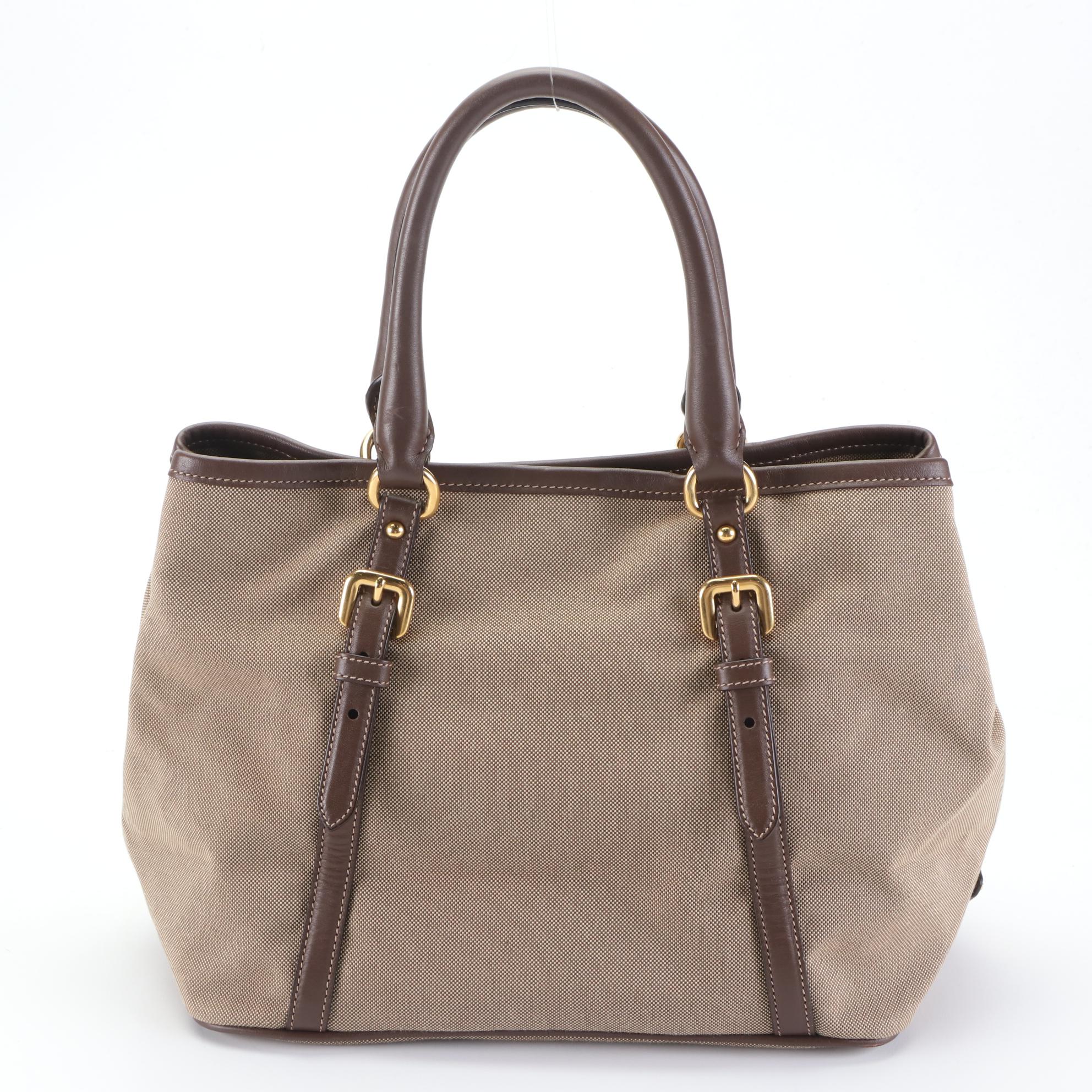 Prada Small Logo Tote in Brown/Tan Canvas and Brown Leather with Strap