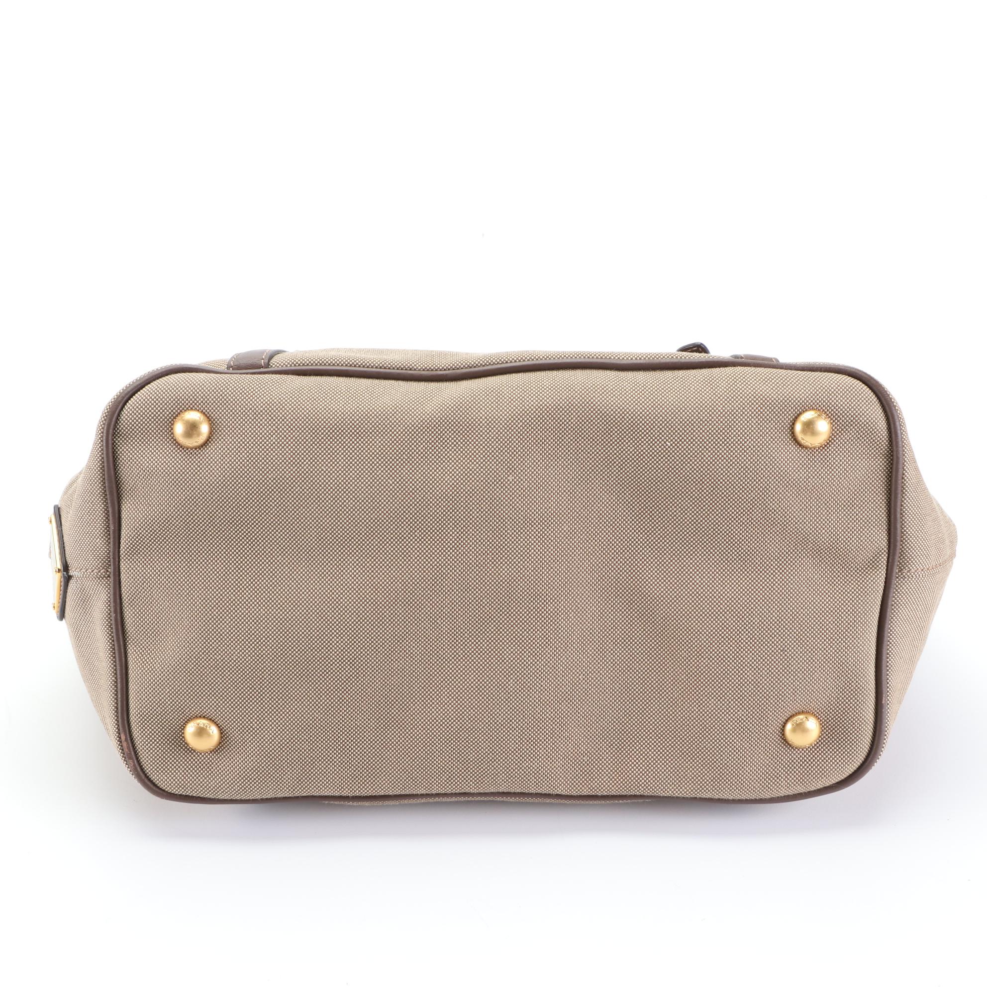 Prada Small Logo Tote in Brown/Tan Canvas and Brown Leather with Strap