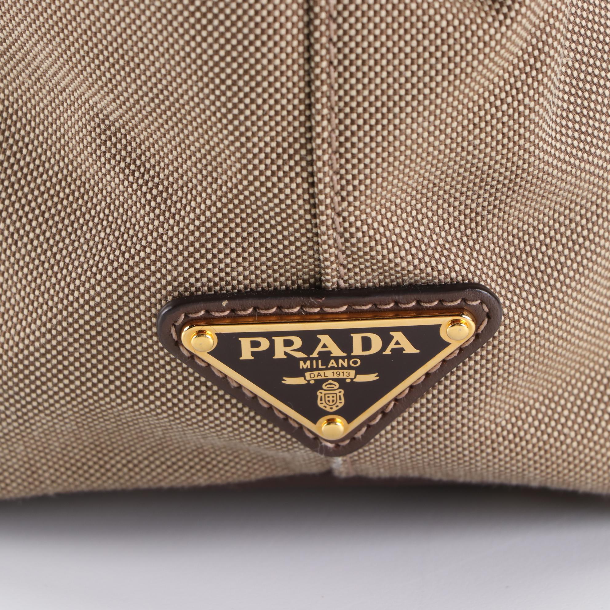 Prada Small Logo Tote in Brown/Tan Canvas and Brown Leather with Strap